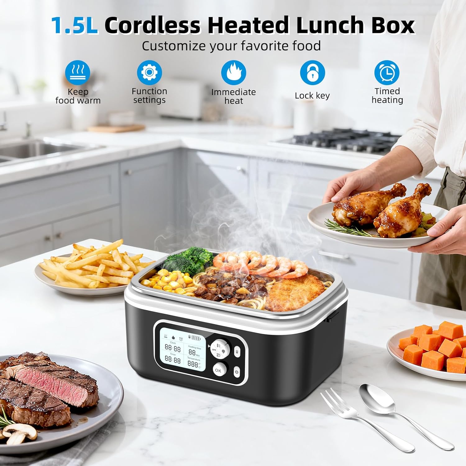 Cordless Electric Lunch Box,1.5L Portable Smart Heated Lunch Box, 100W Wireless Rechargeable Self Heating Food Warmer with Timer&Adjustable Heating for Adults Men Office Travel Outdoor Black XL - Image 2