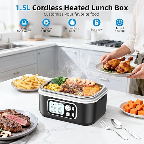 Miniatura 2 de Fiambrera eléctrica inalámbrica para adultos, 8000 mAh, recargable, 1.5L, calentador de alimentos con temporizador y calefacción ajustable para