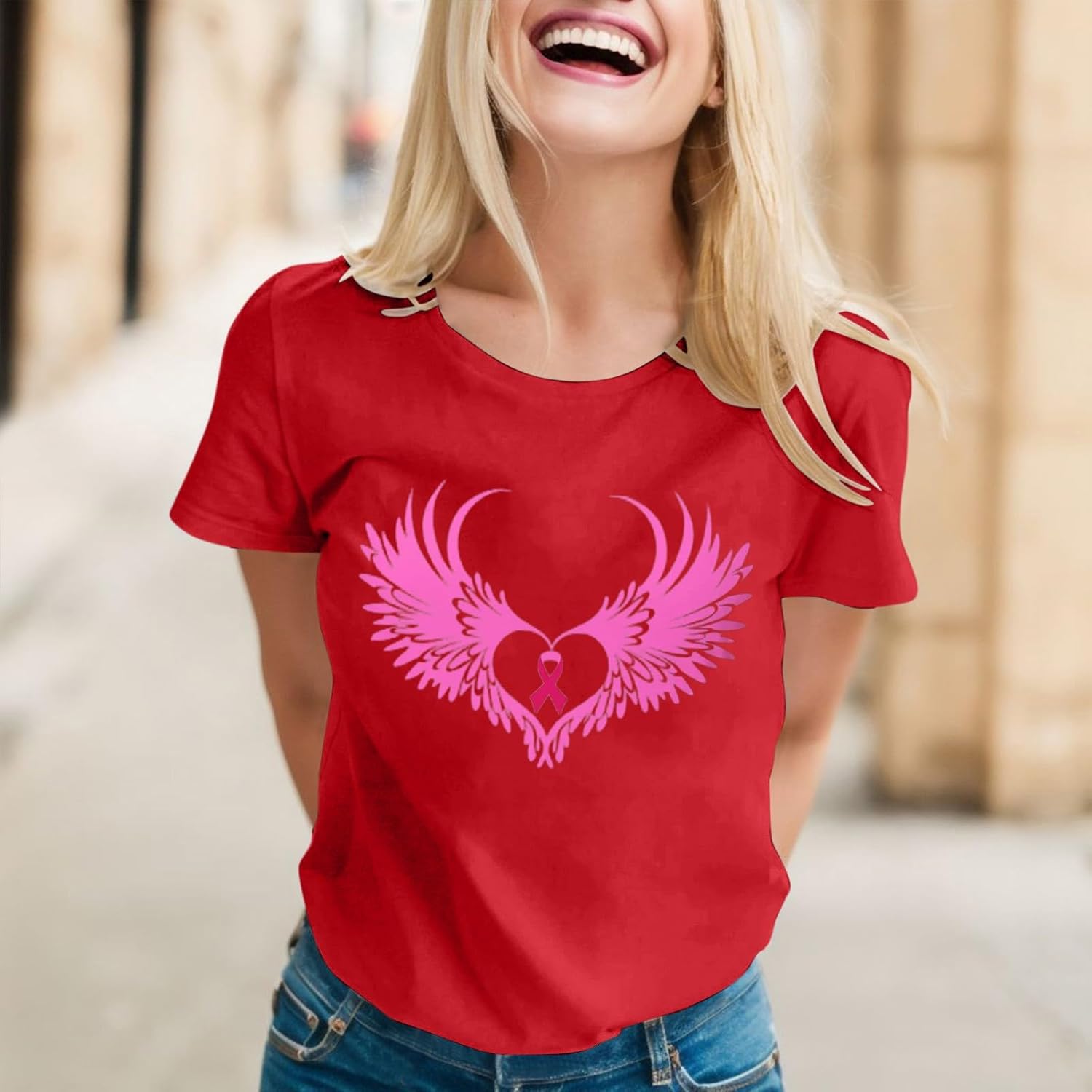 T-shirt Octobre Rose Femme - Cœur Ruban Cancer Du Sein - Col Rond Chic