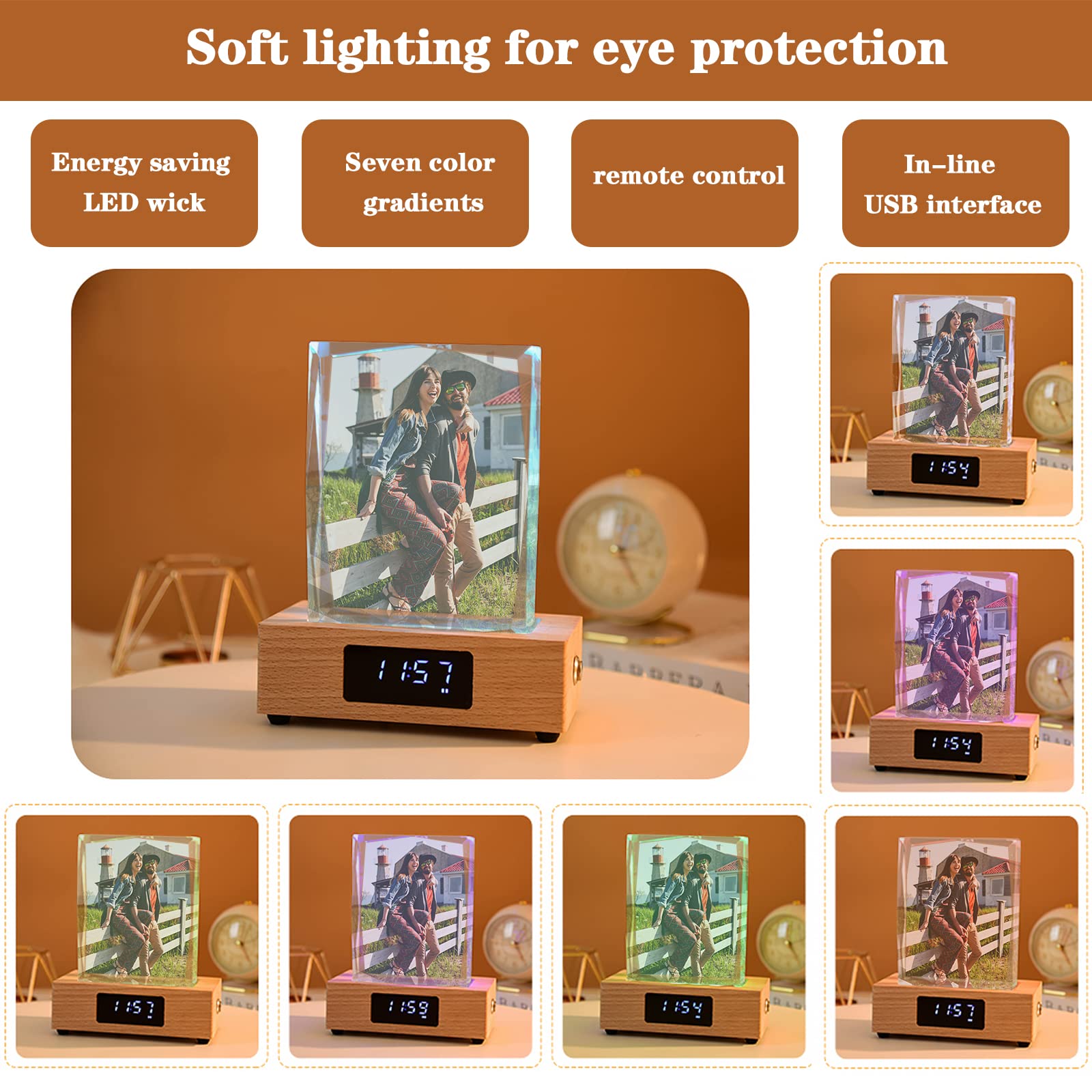 Lámpara Musical con Foto Personalizada y Reloj,con impresión a Color,Caja de música de Cristal con Bluetooth para cumpleaños,Aniversarios y decoración del hogarr-Tamaño Vertical pequeño