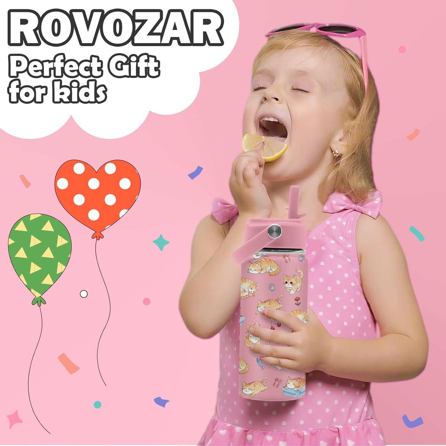 Cat Water Bottle for Girls - 16oz Cat Stainless Steel Water Bottle with Straw - Cute Cats Insulated Cup - Pink Cats Kids Tumbler for School, Sports, Travel - Image 2