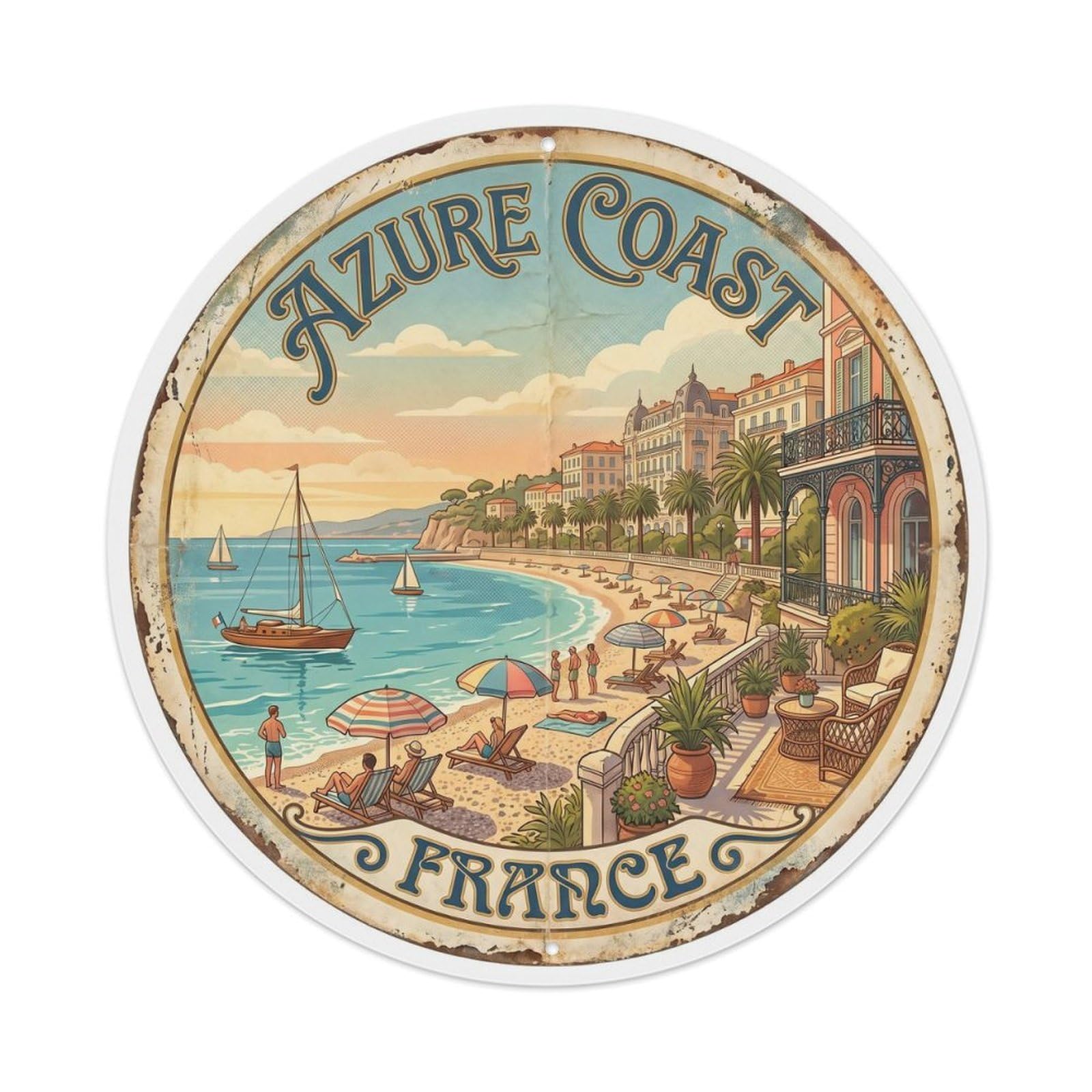 Vintage Travel Azure Coast France Metal Tin Sign