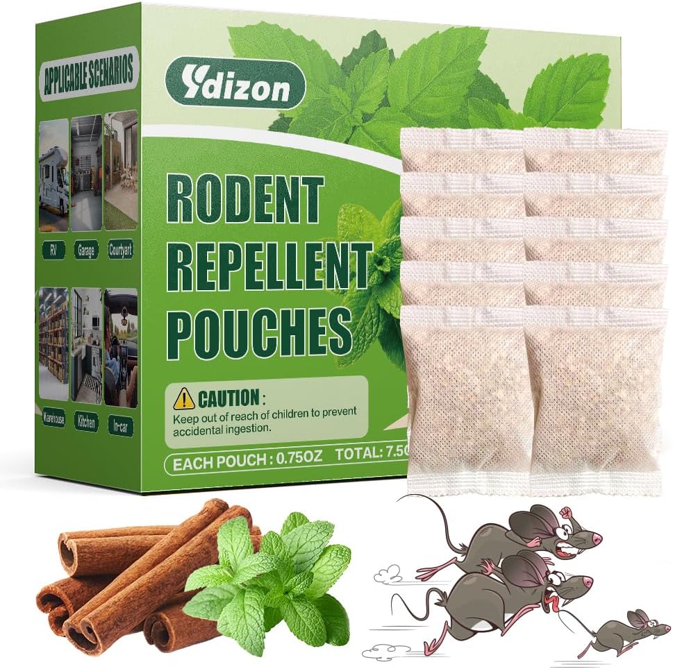 Mouse & Rat Repellent Pouches with Peppermint Oil, Natural Scent-Based Rodent Deterrent for Indoor & Outdoor Use, for Home, Garage, Car, RV, Basement & Storage, 10 Pack