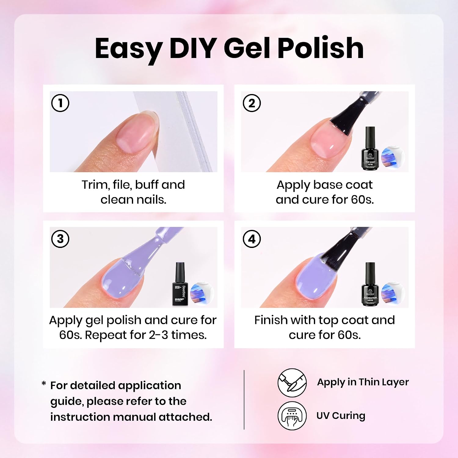 beetles Purple Gel Polish Set - Floral Reverie Collection, Purple Pink Summer Colors Gel Trendy Colors Soak Off LED Nail Gel Manicure Kit for DIY at Home Salon