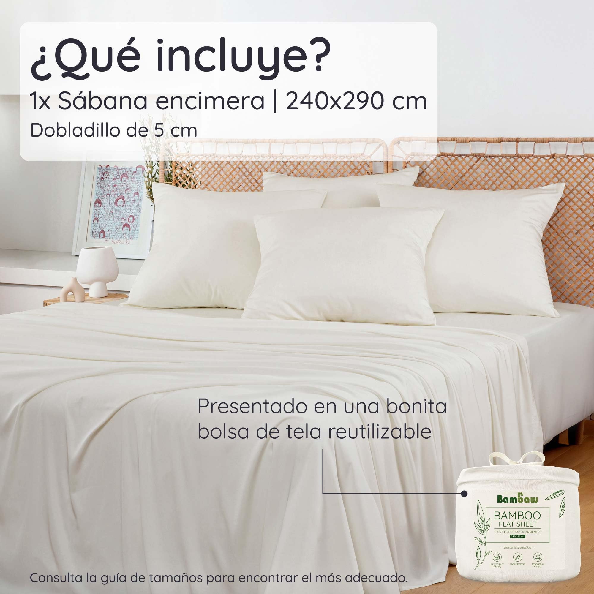 Bambaw Sábana Encimera Bambu Cama 150/160, 240x290 cm, Sabanas Fria para el Verano, Sabana Encimera Termica Refrescante, Ropa de Cama Bambu Suave, Antialérgica y Elegante (Beige)