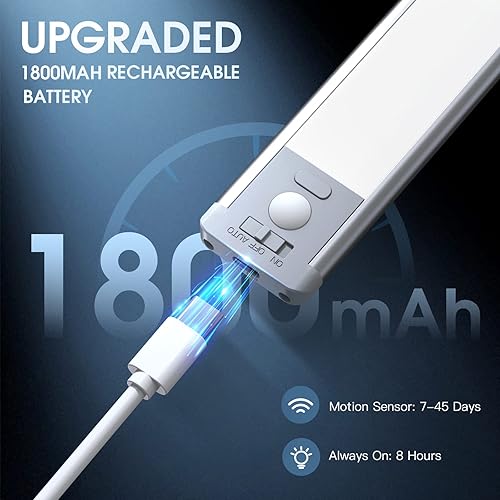 Miniatura 5 de Iluminación bajo gabinete de 10 pulgadas, paquete de 2 luces recargables con sensor de movimiento para interiores, 5 niveles regulables, luces