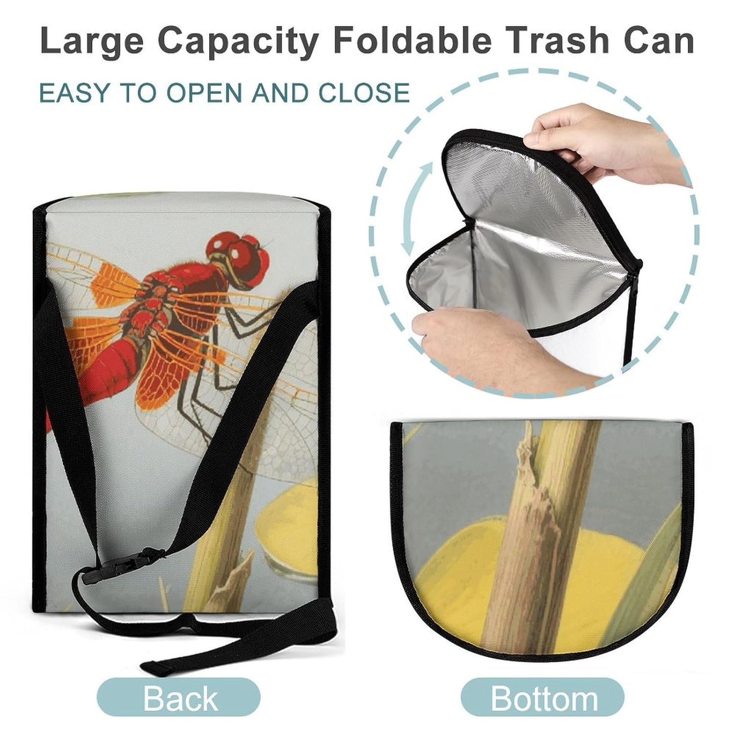 MUSM Leakproof Car Trash Can 2.5 Gallon, Durable Automotive Garbage Bag with Waterproof Liner, Dragonflies Trash Bag for Car, Truck, RV & Bathroom