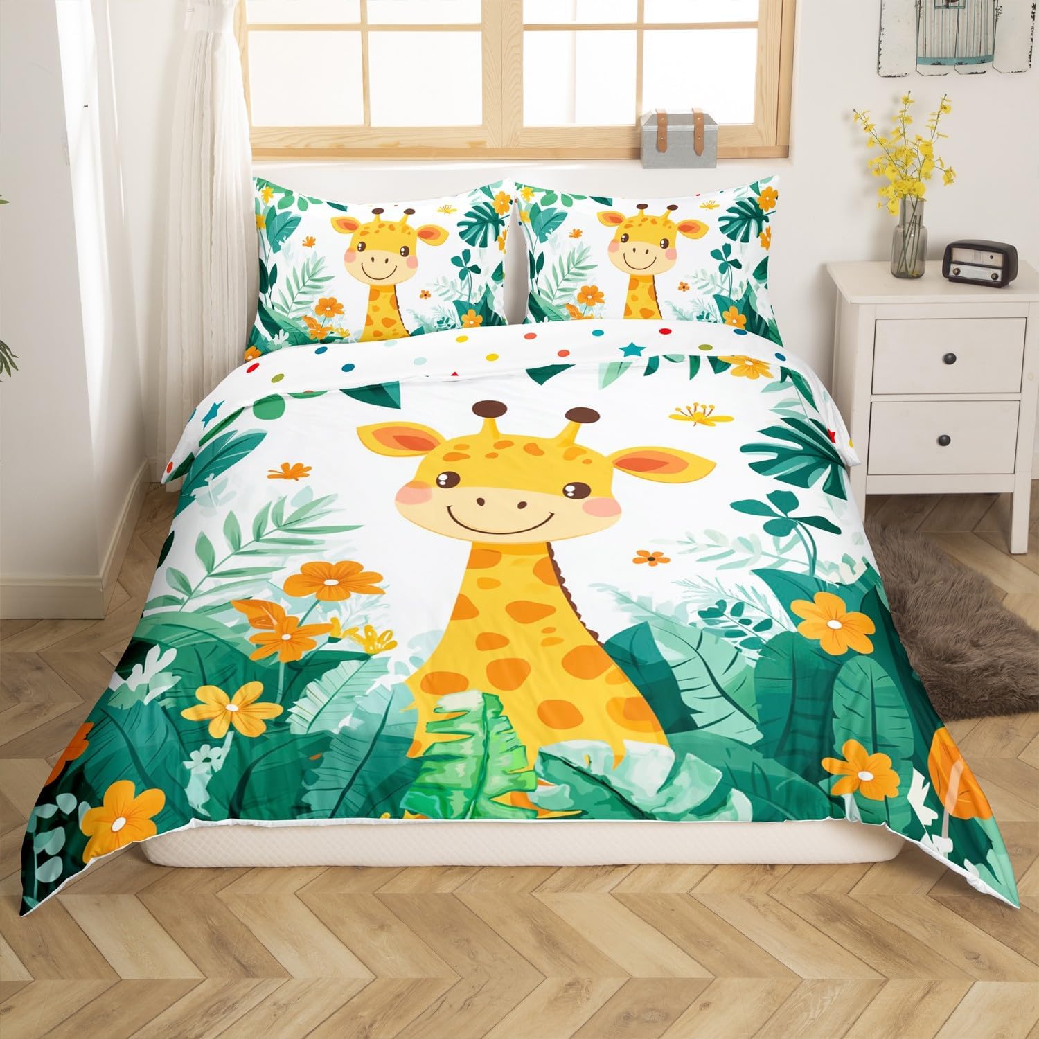 Giraffe Duvet Cover Cartoon Jungle Animal Bedding Set Tropical Palm Leaves Flower Comforter Cover for Boys Girls Cute Giraffe Bedspread Cover Toddler Size with 1 Pillow Case,Comforter Not Included