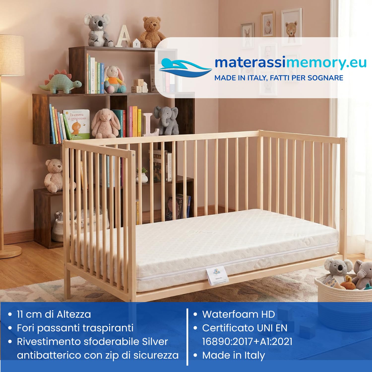 Materassimemory.eu Materasso per culla lettino BIMBO PLUS antisoffoco misura 60x120 cm alto 11 cm con rivestimento sfoderabile e lavabile in lavatrice con guanciale antisoffoco in omaggio.
