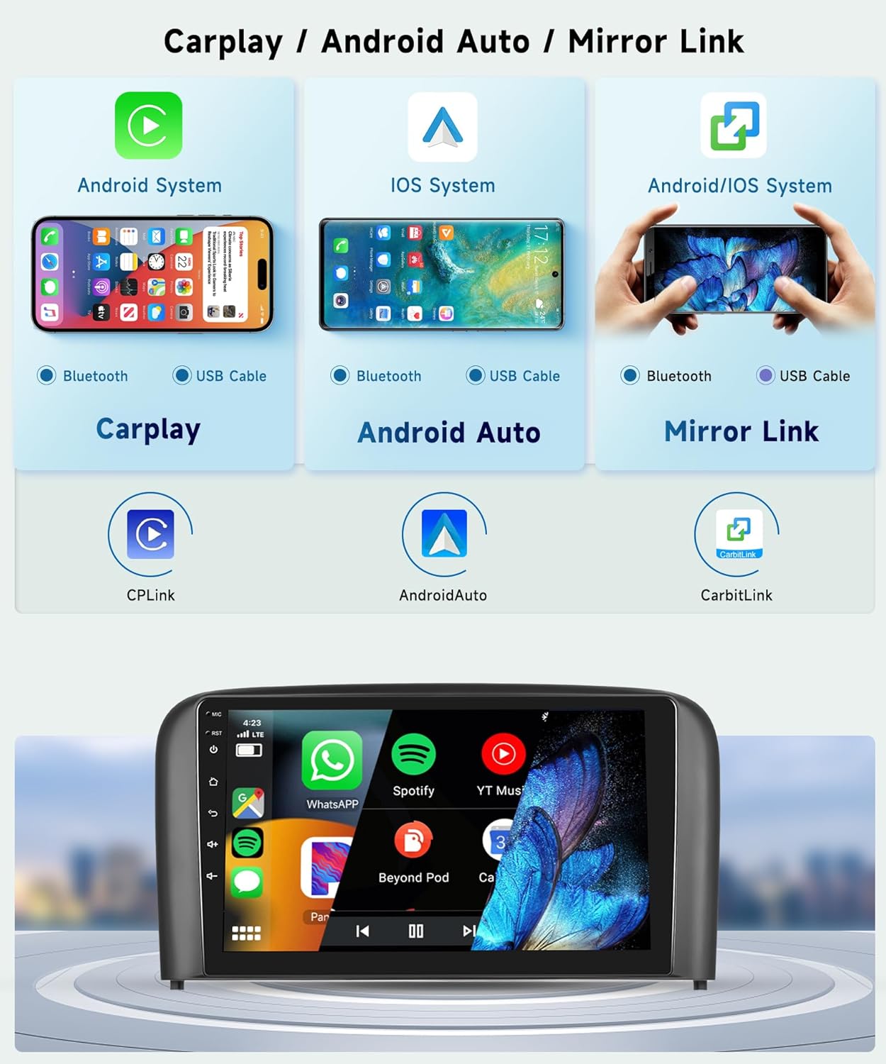 8 CORE 2G+64G Car Radio Stereo for Volvo S80 1999-2006 with Wireless CarPlay Android Auto, 9 Inch 1280 * 720P IPS Touch Screen Head Unit Android 13 GPS WiFi Bluetooth 32-Band DSP SWC HD Camera