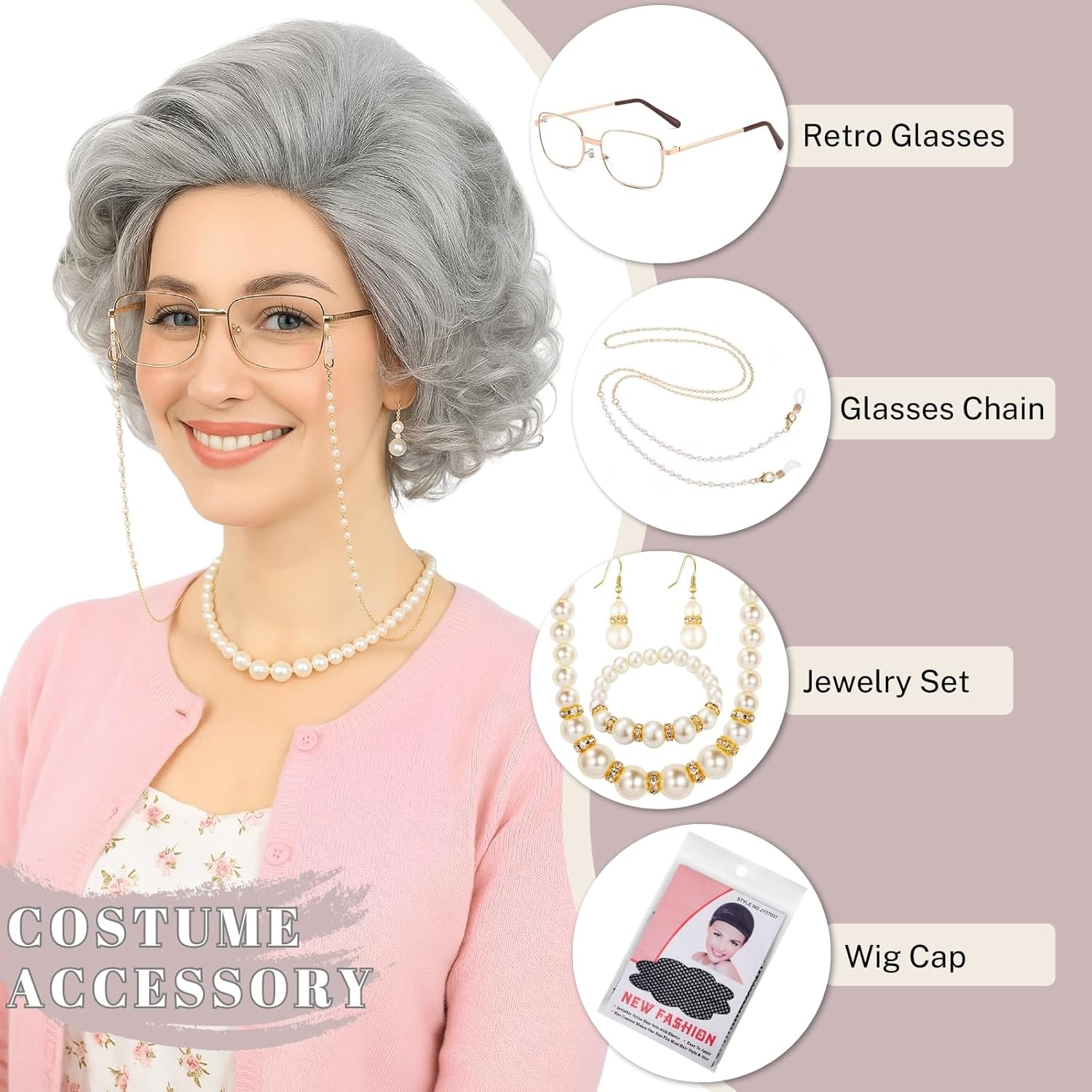 Old Lady Wig Costume Set for Women Short Curly Grandma Wig and Glasses Silver Grey Granny Wigs for Old Woman Cosplay Halloween Party (Silver Grey/Old Lady) - Image 2