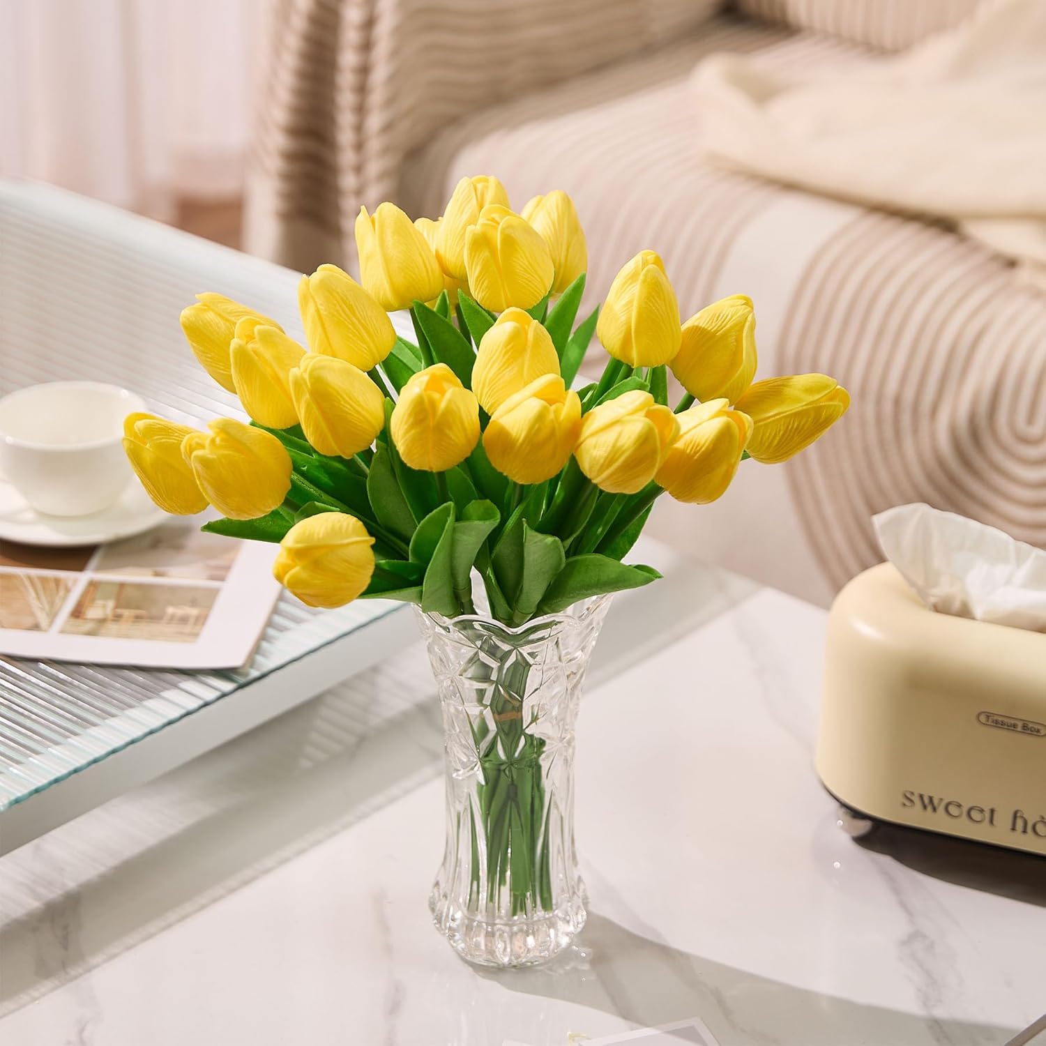 30 Pcs Yellow Tulips Artificial Flowers Fake Yellow Tulips Fake Tulip Flowers Real Touch 13" Silk Flower for Bulk Home Kitchen Wedding Party Valentine's Mother's Decorations - Image 6