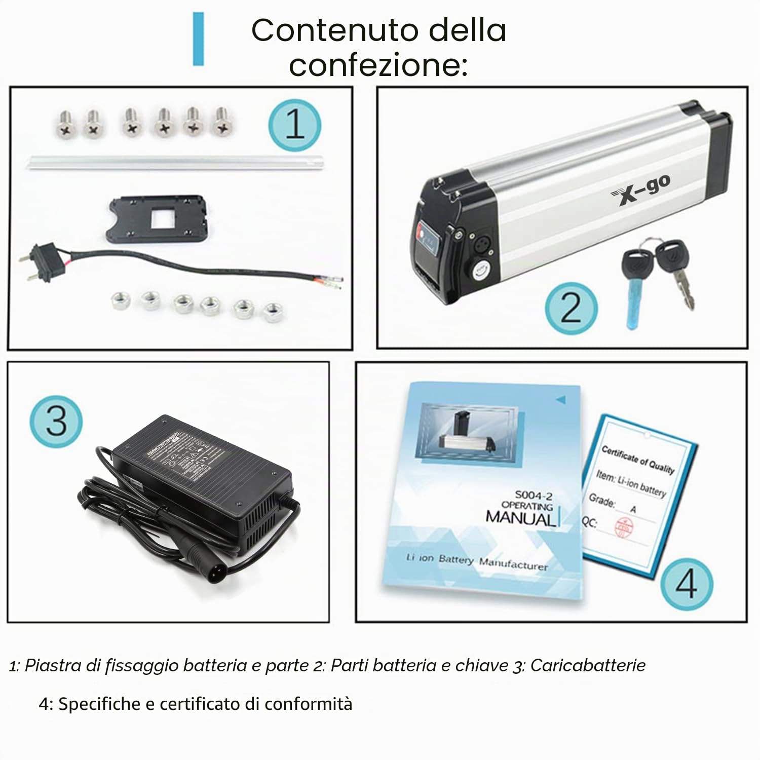 X-go Batteria Ebike 48V 13AH 2 Pin con Caricatore e Cavo di Scarica 2 Pin per Motore 250W 350W 500W 750W, Batteria per Bici Elettrica