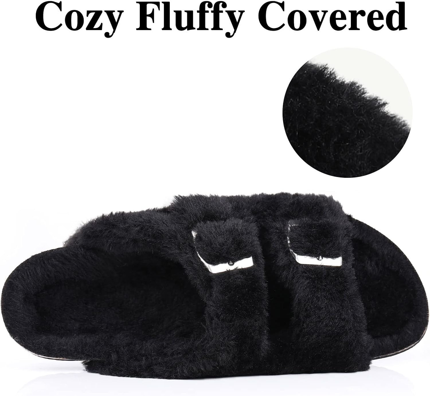 KIDMI Fuzzy Slippers Women with Cork Footbed Fluffy Slides Open Toe Indoor House Shoes | Arch Support | Adjustable Buckles - Image 5