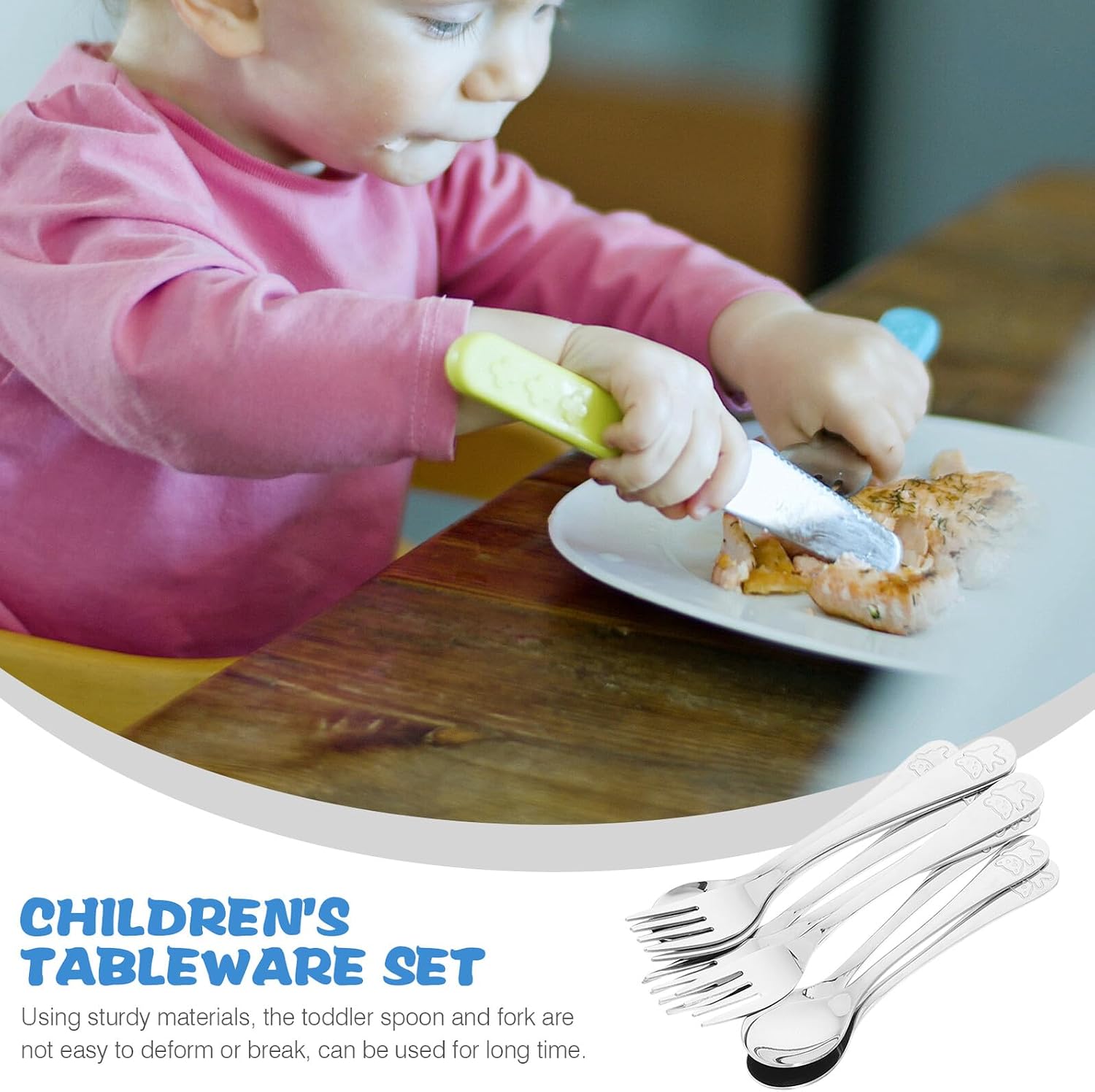 Zerodeko 5 Sets Utensil Set with Bear Embossed Handles Stainless Steel Forks and Feeding Spoons Safe Rounded Tines Lightweight and Flatware Dishwasher Safe for Independent Eating