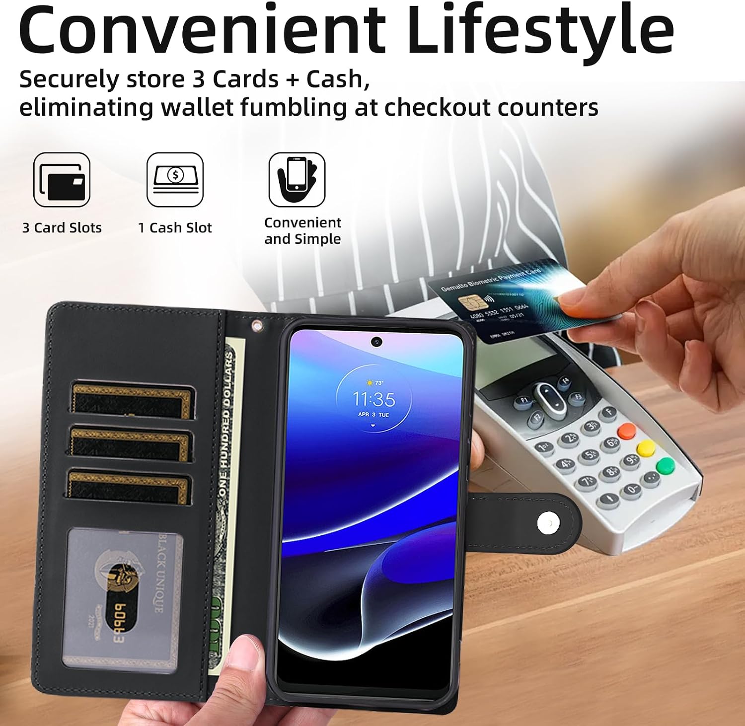 Wallet Case for Motorola Moto G Stylus 5G 2022 with Tempered Glass Screen Protector & Detachable Wrist Strap Luxury Leather Stand Card Slot Phone Cover for XT2215-1 XT2215-4 XT2215DL Black image 5
