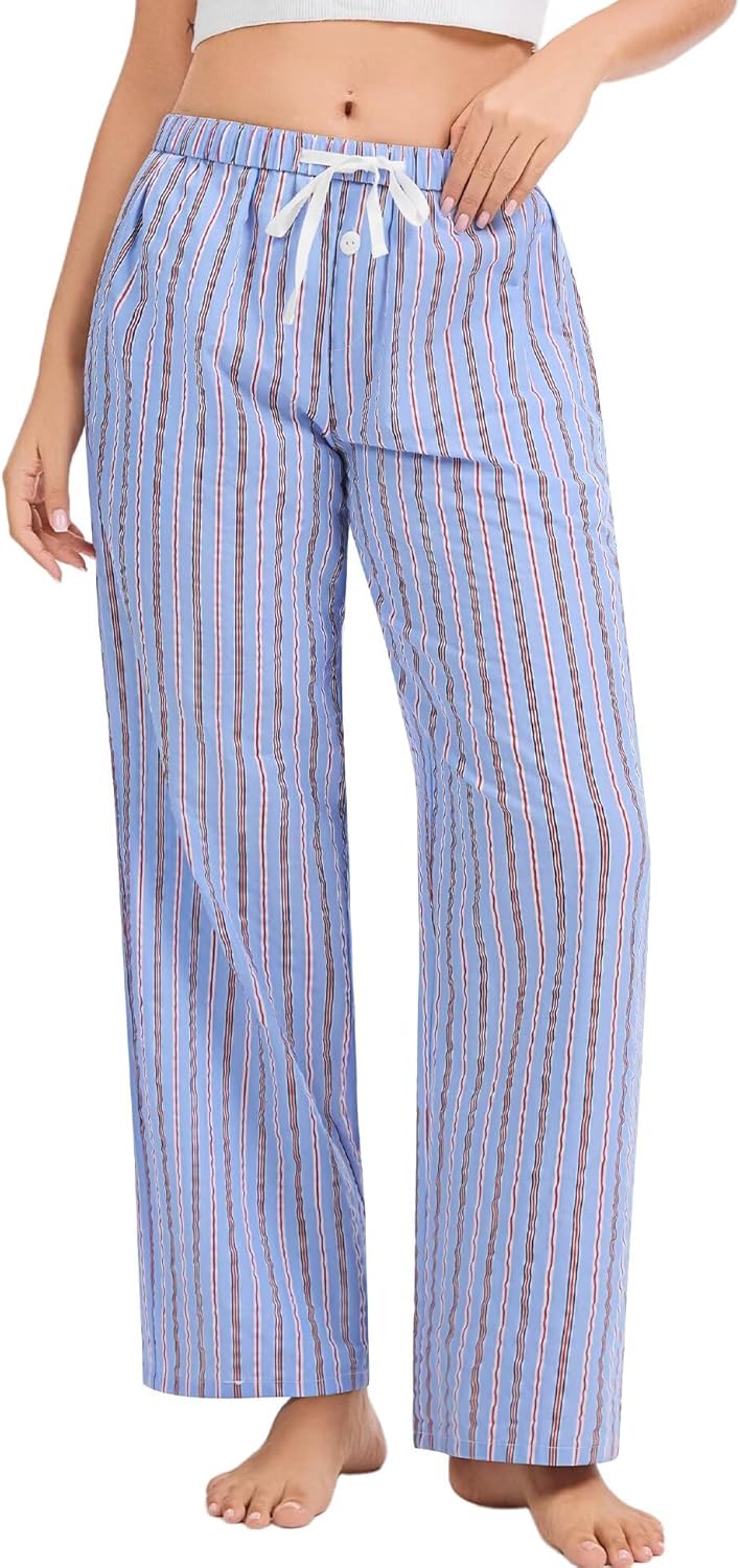 SWOMOG Women 100% Cotton Pajama Pants Striped Plaid Pj Trousers Drawstring Gingham Bottoms Casual Wide Leg Pant with Pocket - Image 2