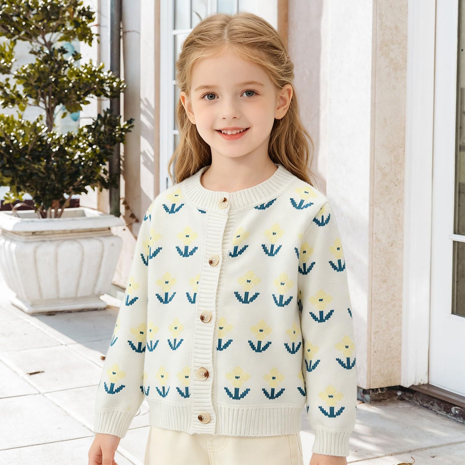 Cárdigan de punto para niña para primavera y otoño, diseño floral | Chaqueta de entretiempo para niña de punto con flores, cálida y ligera para temperaturas cambiantes