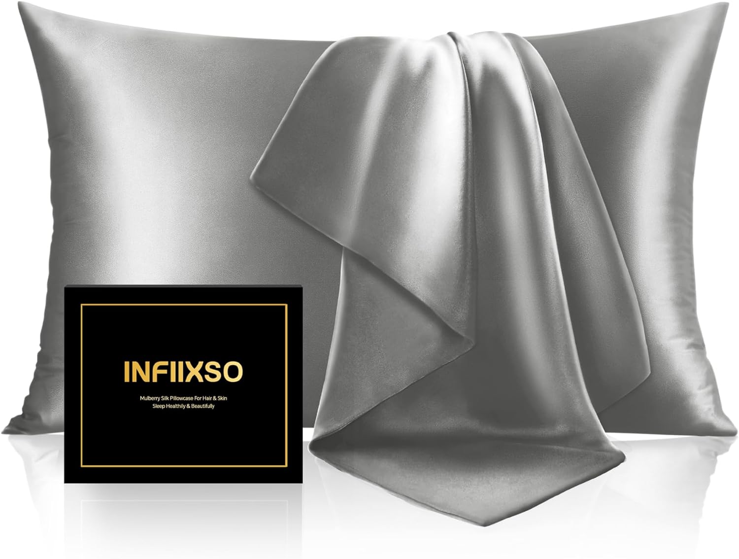 INFIIXSO Mulberry Silk Pillow Cases King Size Set of 2, Silk Pillowcase with Hidden Zipper 20"x36", Extraordinary Smooth and Soft Pillow Case for Hair and Skin(Dark Grey, 2 Pack)