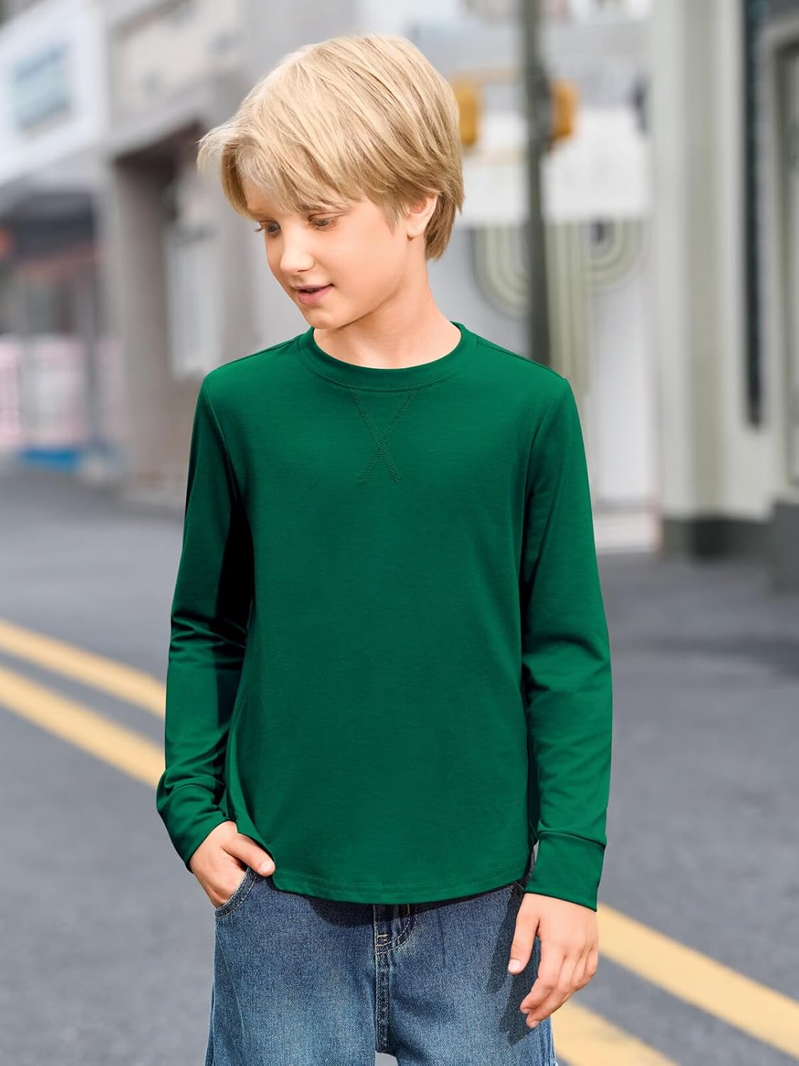 Haloumoning Boys Long Sleeve Shirts Kids Casual Crewneck Fall Tops Curve Hem Basic Tees 5-14Y - Image 2