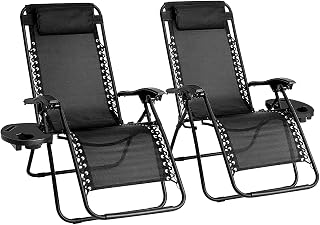 TILZ GEAR Recliner Garden Chairs Sun Loungers For Garden Foldable Set Of 2 Zero Gravity Garden Chair Folding Recliner Outdoor Deck Chair With Cup And Phone Holder Plus Headrest Pillow (Black)