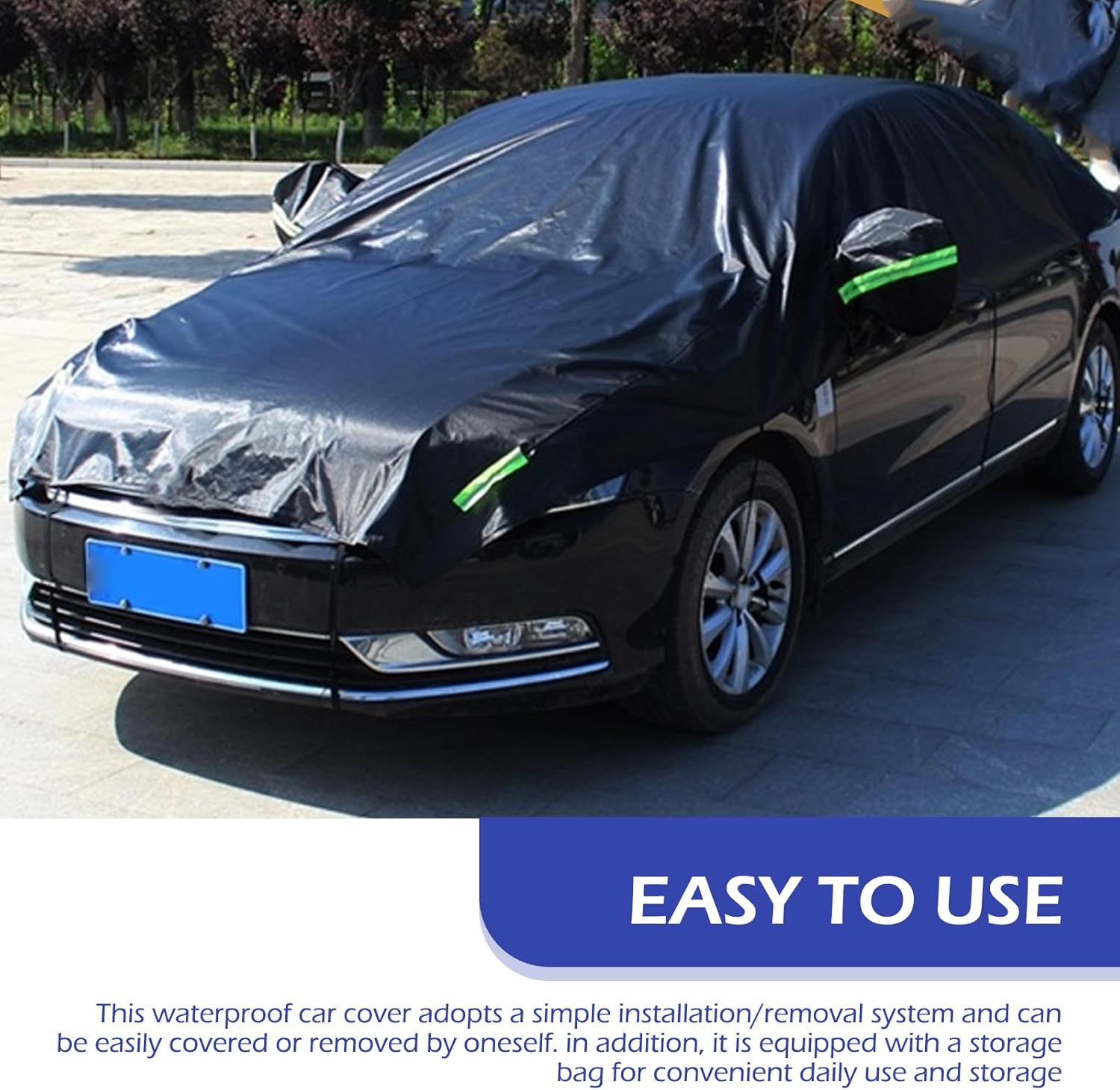 Half Car Cover Top, Windshield & Sunroof Protector, UV, Rain, Vehicle Cover with Fixed Hooks to Prevent Rain Snow Debris, Waterproof All Weather Protection, Fit Sedan Universal Length(Black)