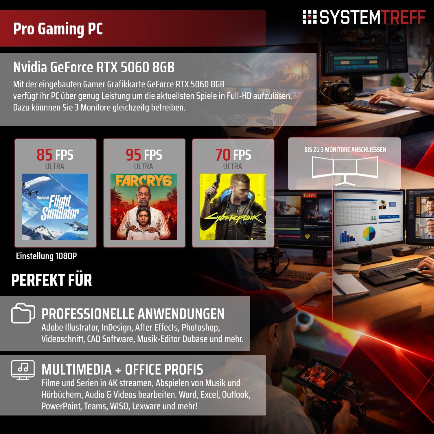 SYSTEMTREFF Gaming PC AMD Ryzen 5 5600 6x4.4GHz | Nvidia RTX 5060 8GB DX12 | 512GB M.2 NVMe | 16GB DDR4 RAM | Windows 11 | WLAN Desktop Computer Rechner für Gamer, Zocker & Streamer