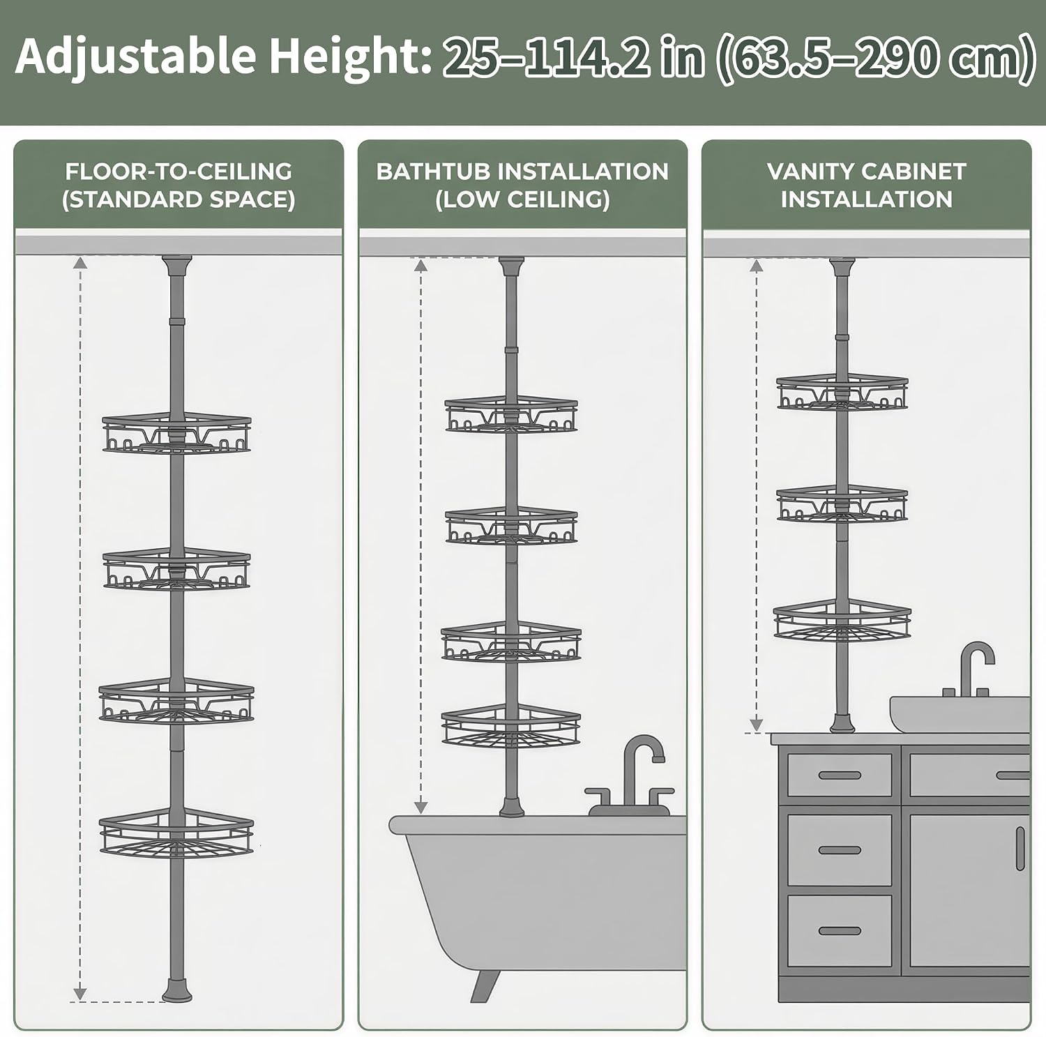 KEGII Corner Shower Caddy Tension Pole, 4-Tier Large Capacity Shower Shelves, Adjustable 52-114.2 Inch No-Drill Rustproof Corner Bathroom Organizer with Towel Bar, Hooks & Razor Holder, Black
