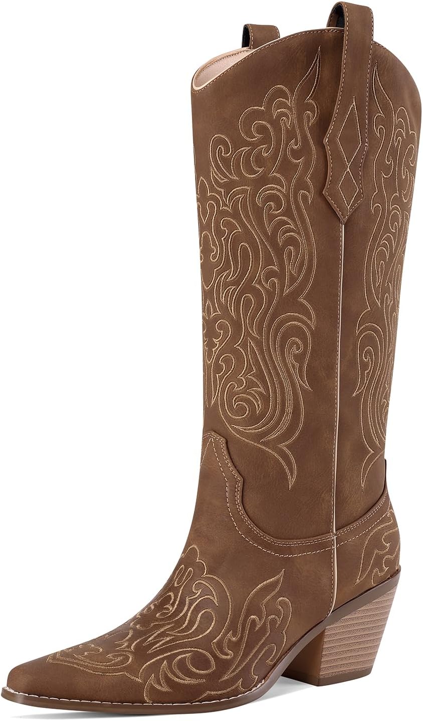 LOCERICH Women Knee High Boots Cowgirl Boots Cowboy Tall Boots Western Wide Calf Ladies Low Chunky Heel Snip Toe Comfortable Dress Boot with Embroidered