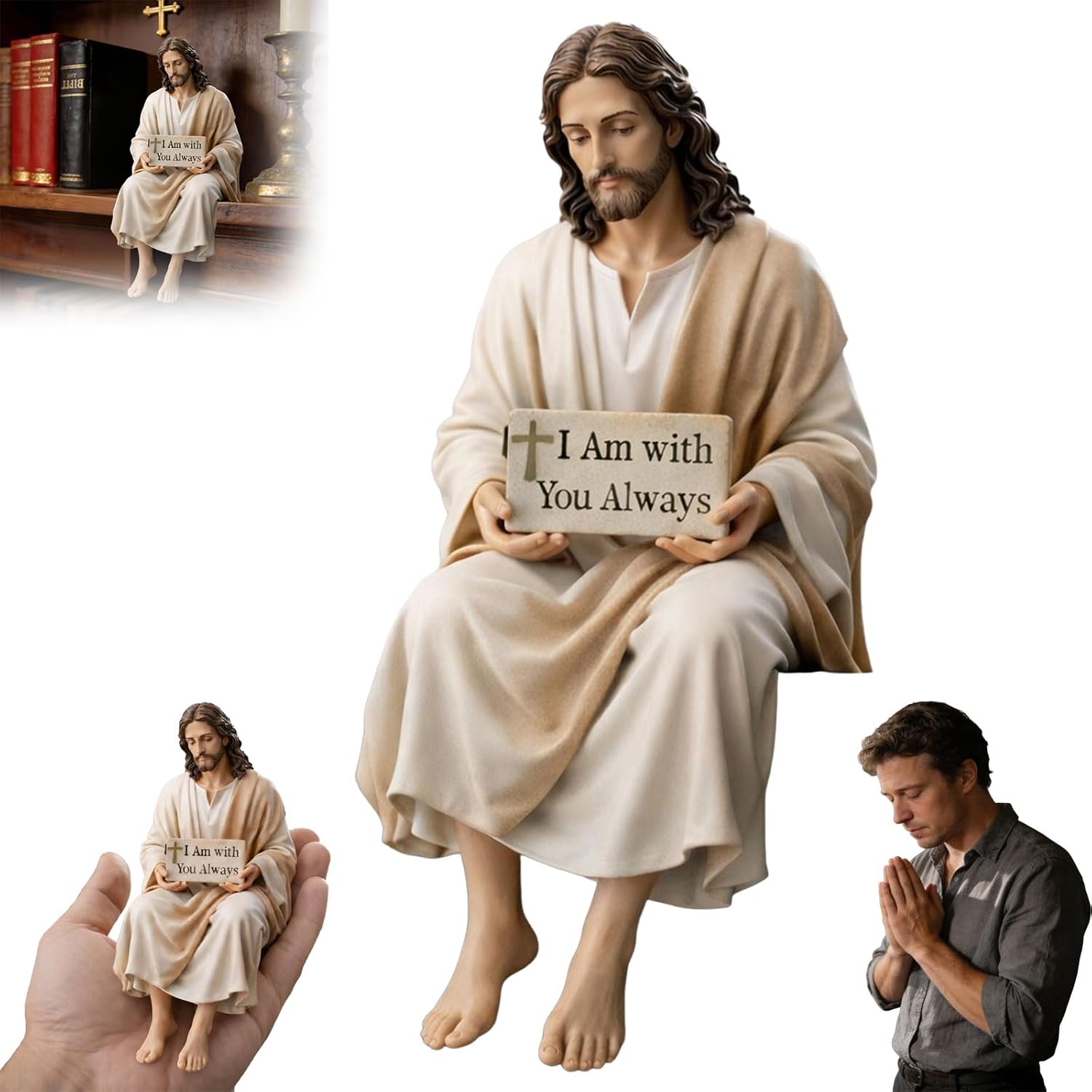 Resin Jesus Statue Handmade Sitting Jesus Figurine I Am with You Always Inspirational Gift for Easter Car Living Room Desk Decoration