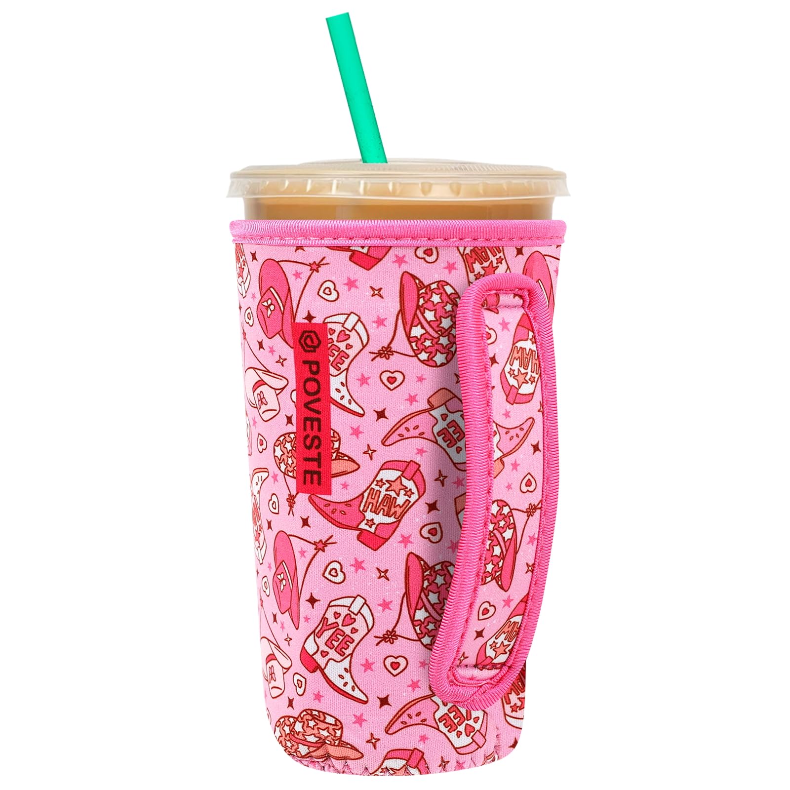 Reusable Neoprene Insulator Sleeve for Iced Coffee &amp; Cold Soda, Coffee Sleeves for Iced &amp; Hot Drinks, Cold Beverage Cooler Compatible with Starbucks, Dunkin (Cowgirl Spirits, Large: 32oz)