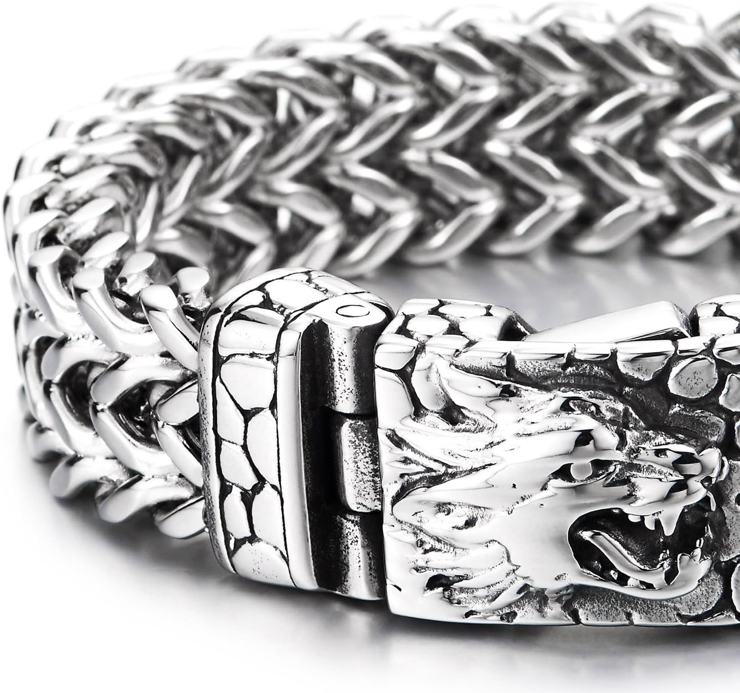 COOLSTEELANDBEYOND Mens Steel Wolf Head Bracelet, Large Franco Link Curb Chain, Textured Scale Clasp, Gothic Viking - Image 4