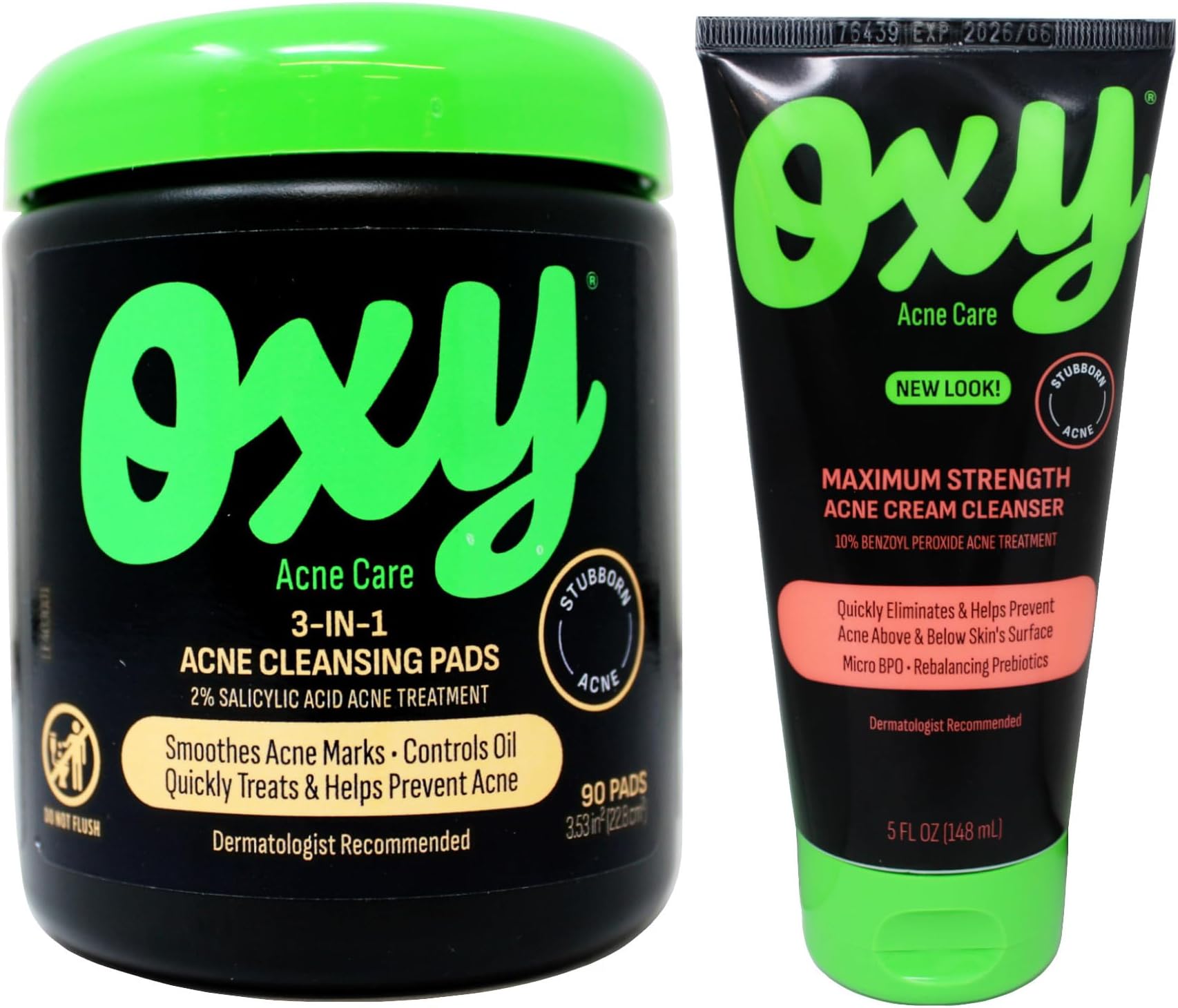 Oxy Acne Care Kit: 3-in-1 Cleansing Pads with 2% Salicylic Acid, 90 Pads + Maximum Strength Acne Cream Cleanser with 10% Benzoyl Peroxide, 5 fl oz (1 Each)