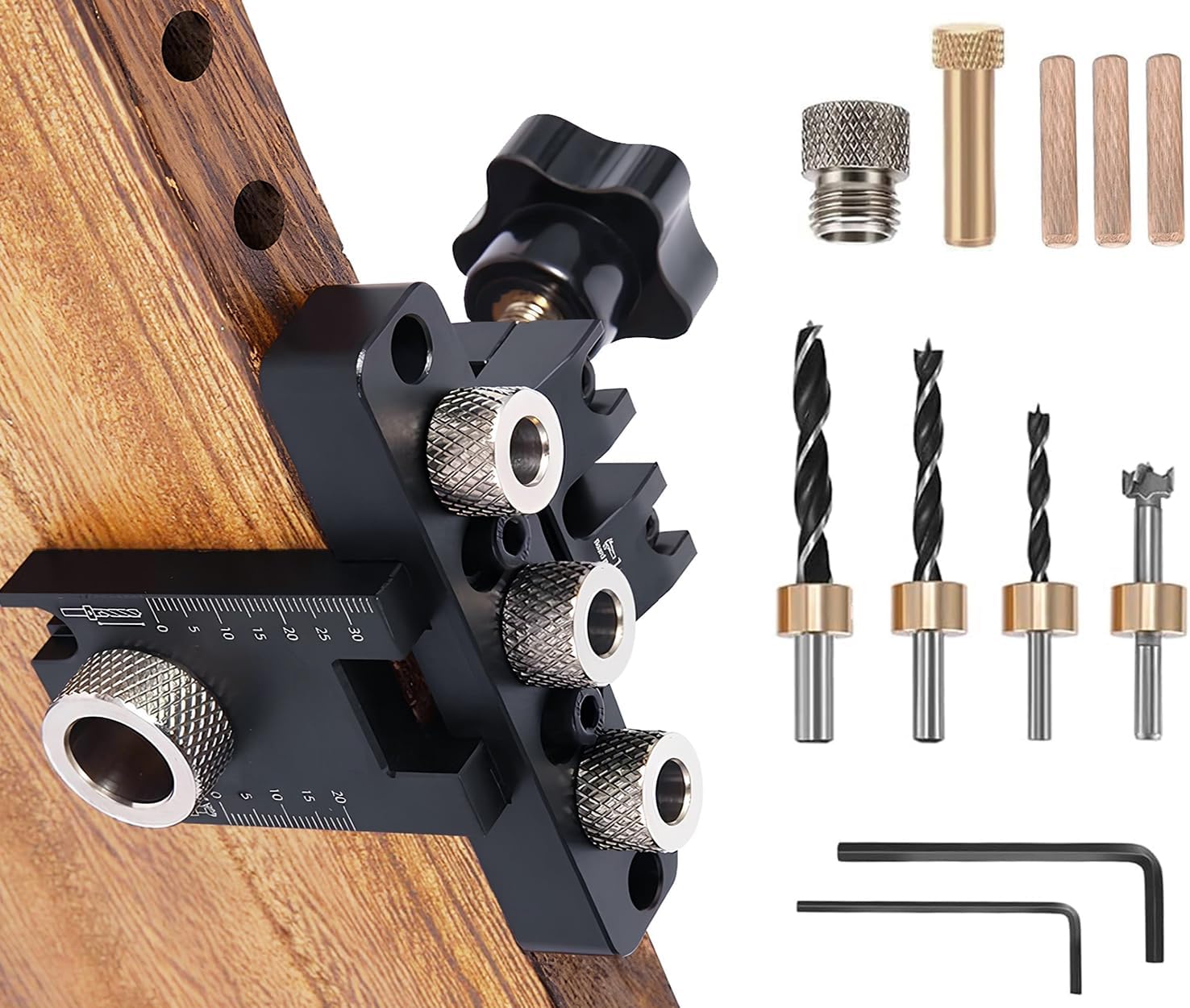 8/10/15mm Dowel Jig Kit for Woodworking, JRISBO 3-in-1 Adjustable Doweling Jig with Scales and Clamp, Wood Dowels Guide Fit All Kinds Wood Dowel Joints, for Furniture, Cabinet