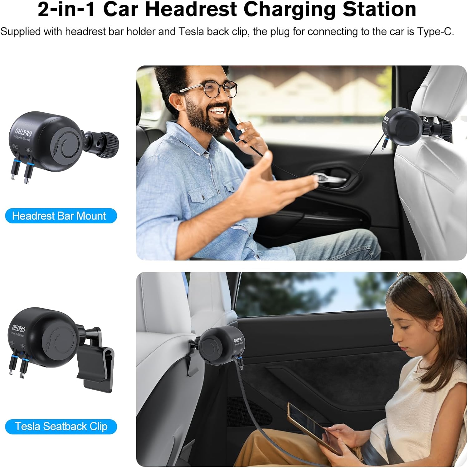 OHLPRO Multi Car Retractable 2 in 1 Backseat Car Charging Station Box with QC 3.0 Adapter, 75W Type-C/Lightning Car Charger for All Cars(Including Tesla) Chargers for Lyft Uber Driver and Passengers