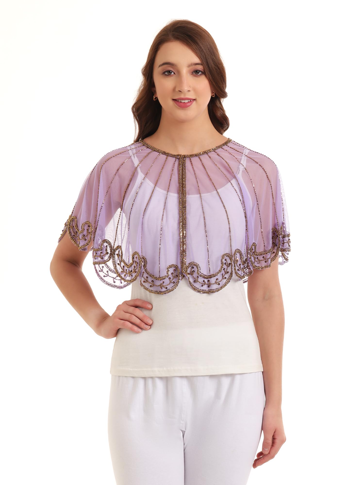 Sheer Net Cape Poncho with Gold Sequin Embroidery, Short Length-image-44