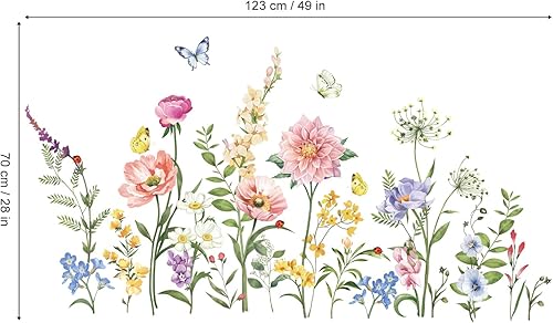 Miniatura 4 de wondever Pegatinas de pared de flores de jardín, peonía de amapola rosa, mariposas florales, despegar y pegar, calcomanías artísticas para pared