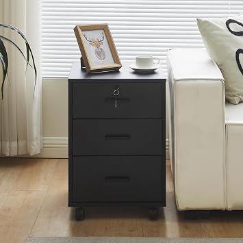 TUKAILAi Mobile File Cabinet with 3 Drawers, Lockable Storage Unit Wooden Rolling Office Filing Cabinet with Wheels, for Legal/Letter/A4 Sized Documents Home Office Black 1PCS