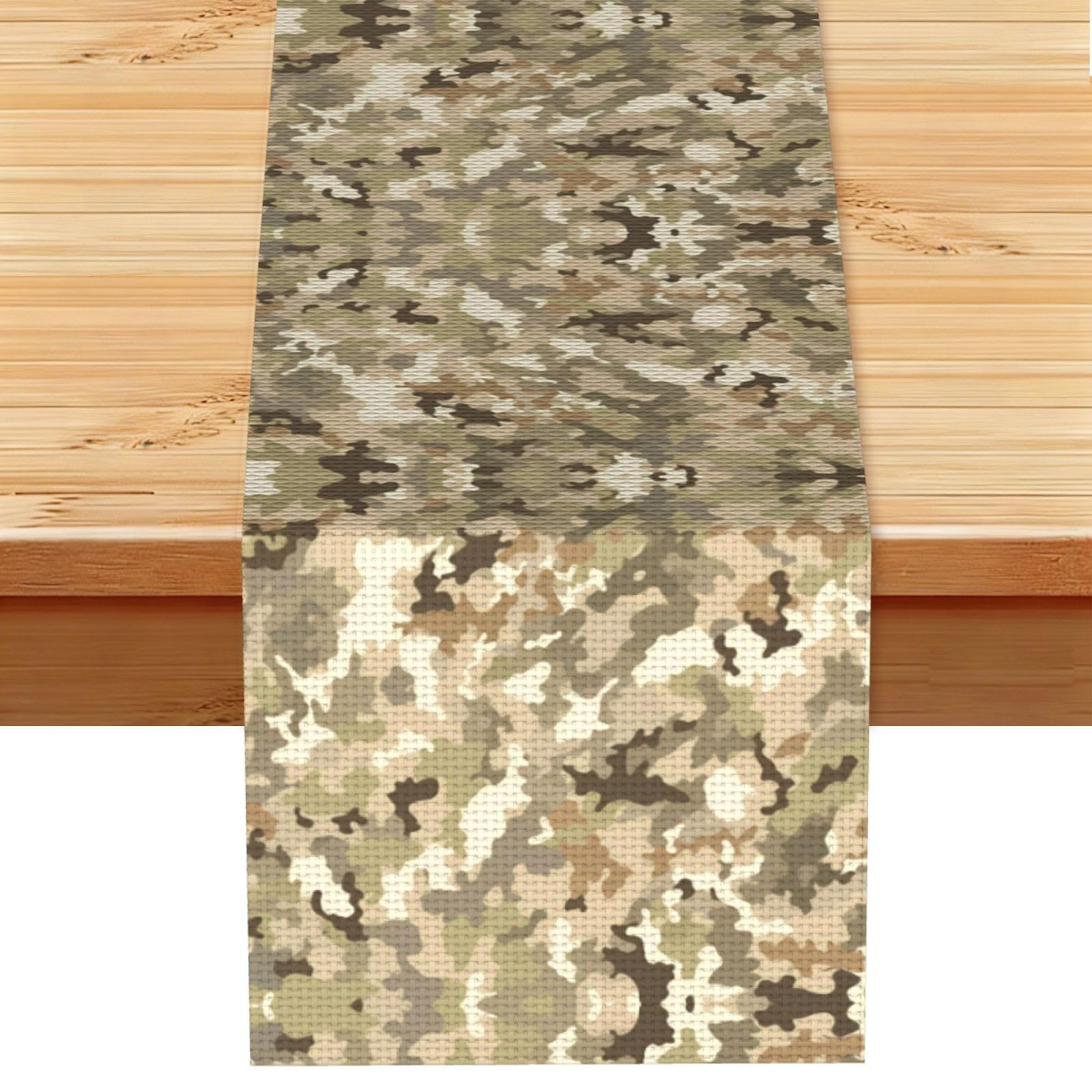 Earthy Light Tan Camo Printed Table Runner 13 x 72, Wrinkle Resistant Decor for Dining Table Coffee Table Fireplace