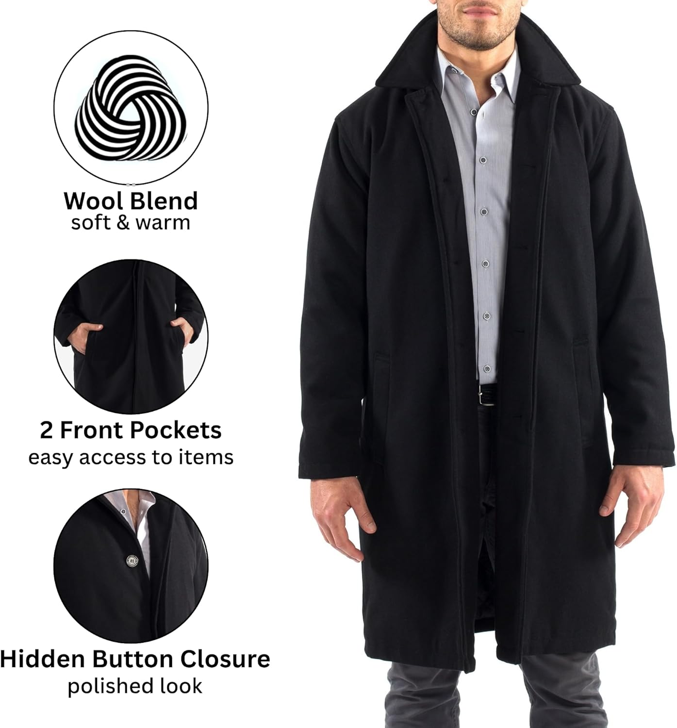 Alpine Swiss Zach Men’s Wool Blend Overcoat – Knee-Length Trench Coat, Runs Large for Layering Over Suits or Sweaters - Image 3