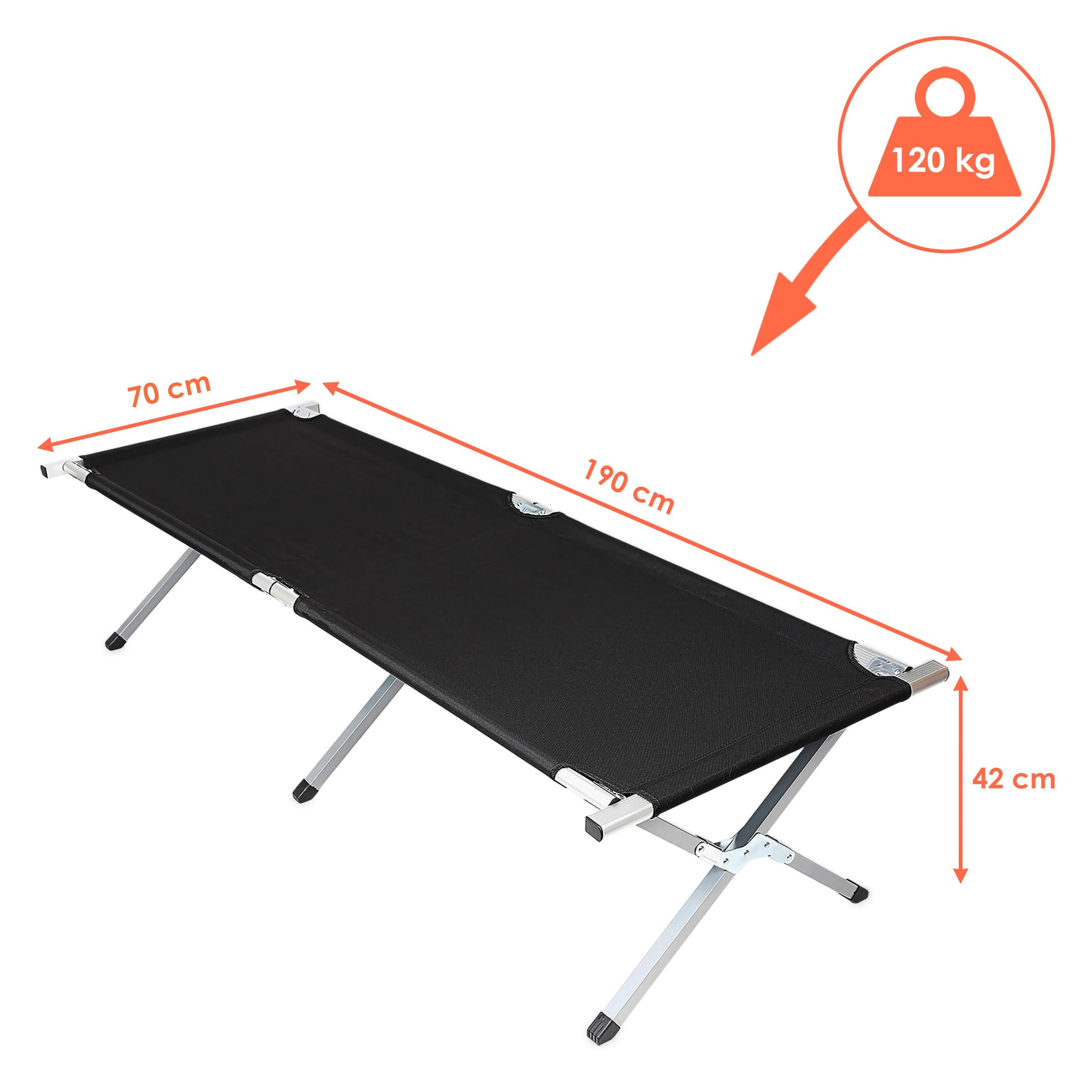 Spetebo XXL Campingbett Klappbar, Schwarz, 190 x 70 cm | Mit Tragetasche, Belastbarkeit bis 120 kg, Für Camping Festival Angeln Wandern