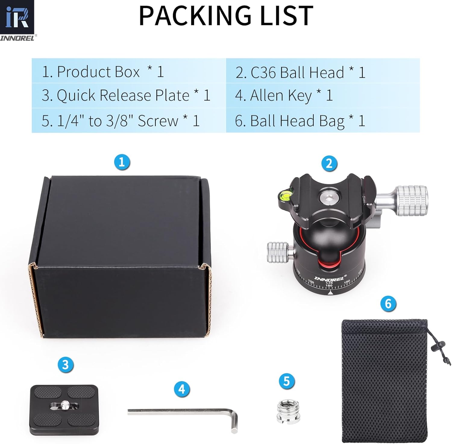 INNOREL C36 Low Profile Tripod Ball Head Universal 360 Panoramic Metal BallHead for DSLR Camera Tripod Monopod Camcorder Slider with Arca Swiss Plate 36mm Ball with 1/4" to 3/8" Screw Load 35lb/16kg