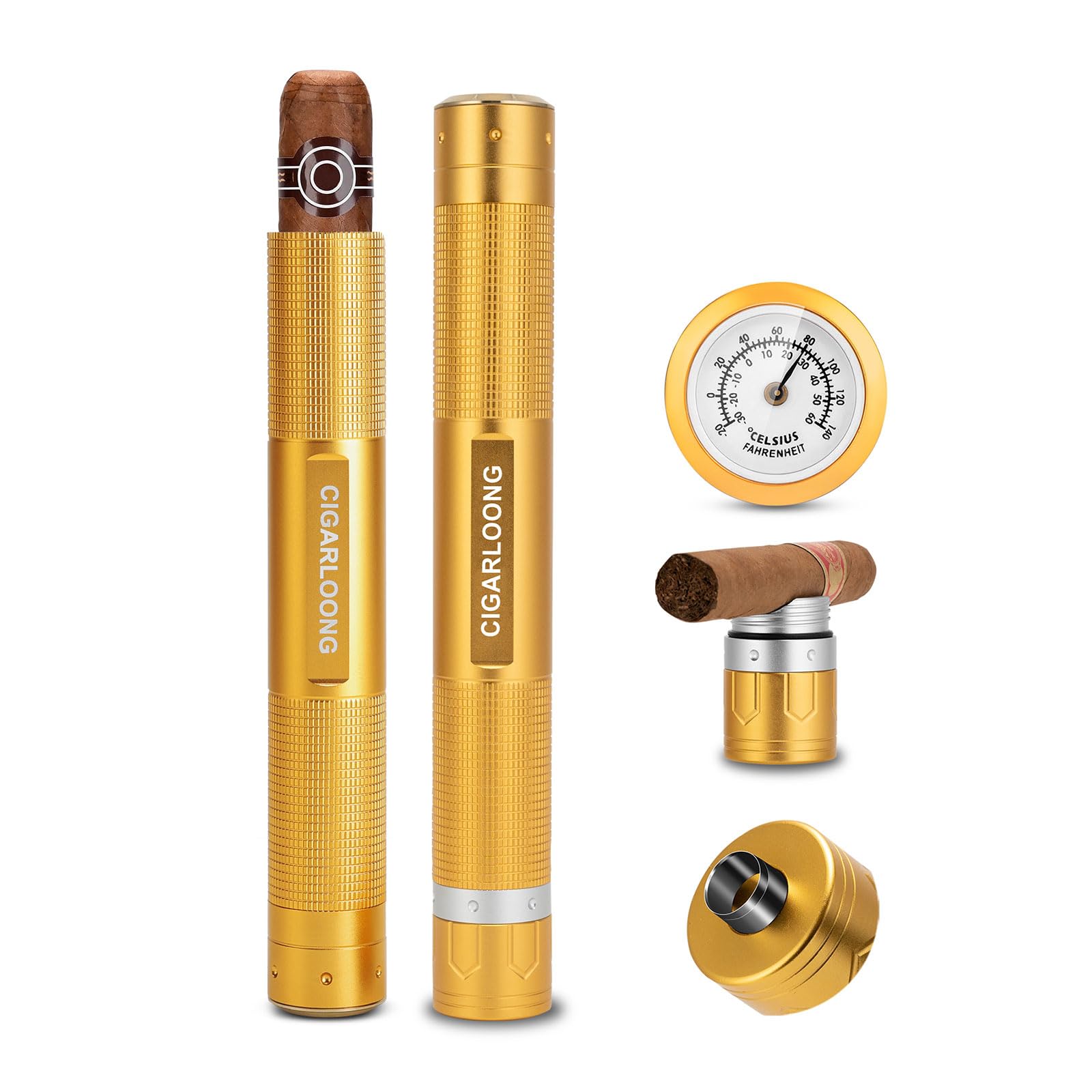 CIGARLOONG Zigarren-Rohr, 3-in-1-Zigarren-Humidor mit Hygrometer, Zigarrenlocher und Zigarrenhalter, langlebiges Zigarrenetui für Reisen im Freien, tragbare Aufbewahrung (Gold)