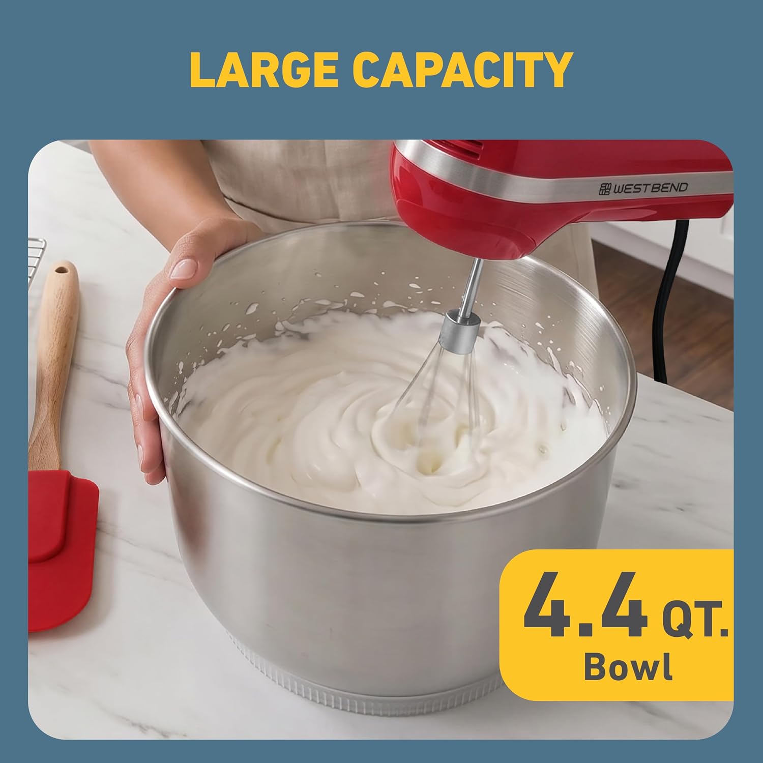 West Bend Two Sweet 2-in-1 Hand & Stand Mixer, 11 Speeds with Turbo Boost, 4.4 Qt Rotating Bowl, Dough Hooks, Beaters & Whisk, Tilt-Head Design, 550 Peak Watts, Red
