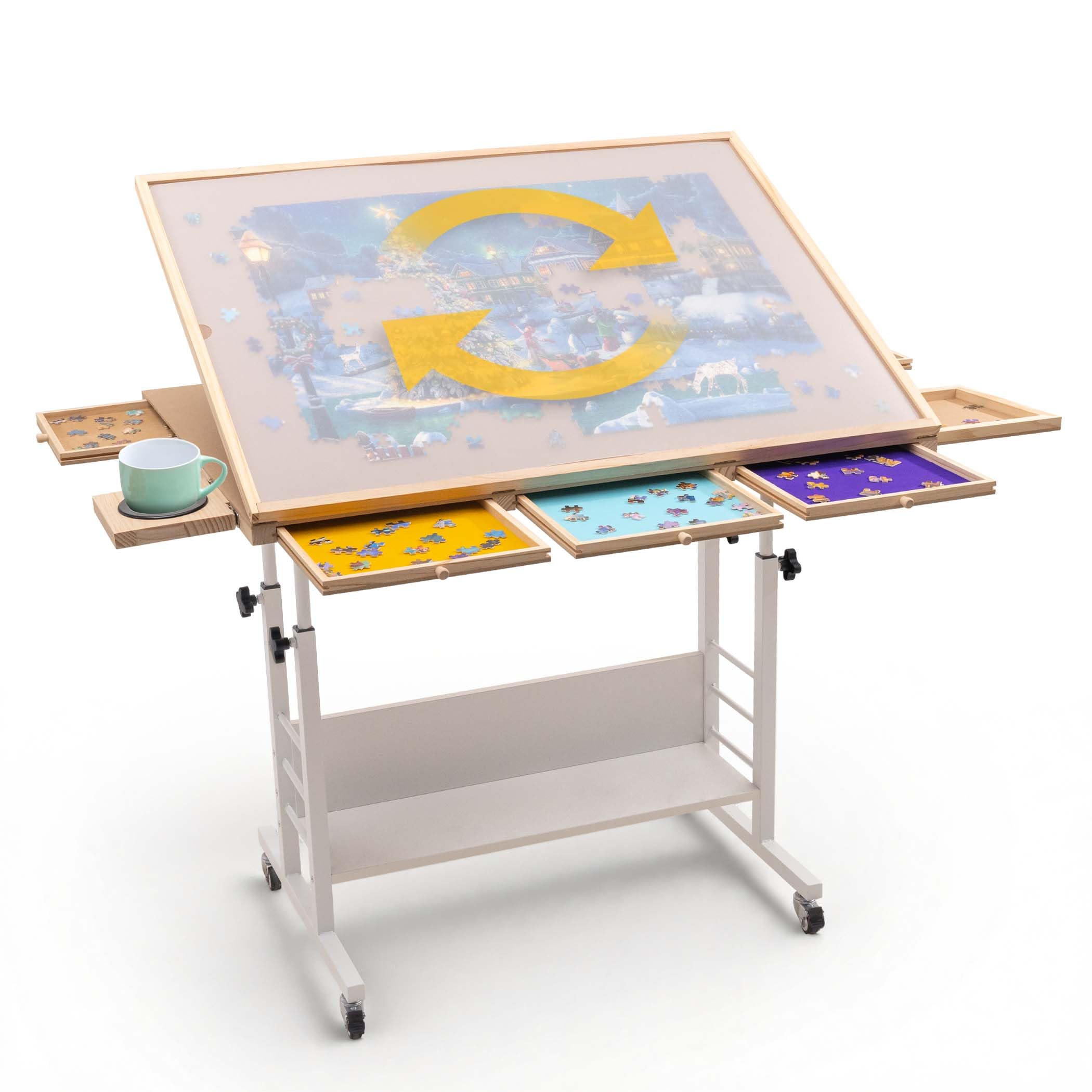 Becko US Rotating & Tilting Jigsaw Puzzle Table with 6 Sorting Trays, Adjustable Tilting Puzzle Easel Board with 4 Wheels, Cup Shelf, Storage Racks, Protective Cover for 1500 Pieces Jigsaw Puzzles
