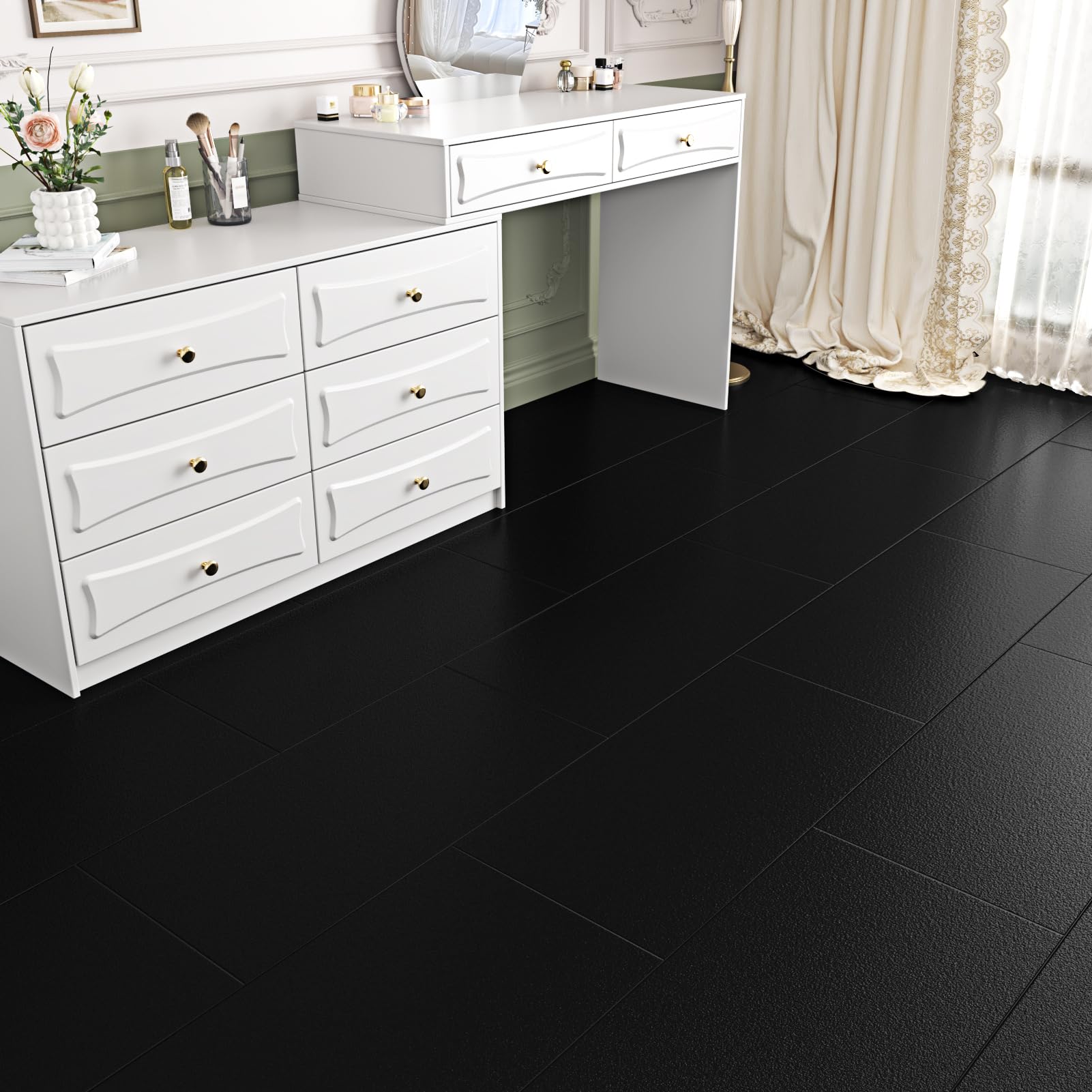 15 Pezzi Pavimento Pvc Adesivo Nero Piastrelle Adesive Pavimento Lavabile Linoleum Pavimento Adesivo Per Interni Mattonelle Adesive Pavimento Piastrelle Adesive Cucina Bagno 60cm x 30cm