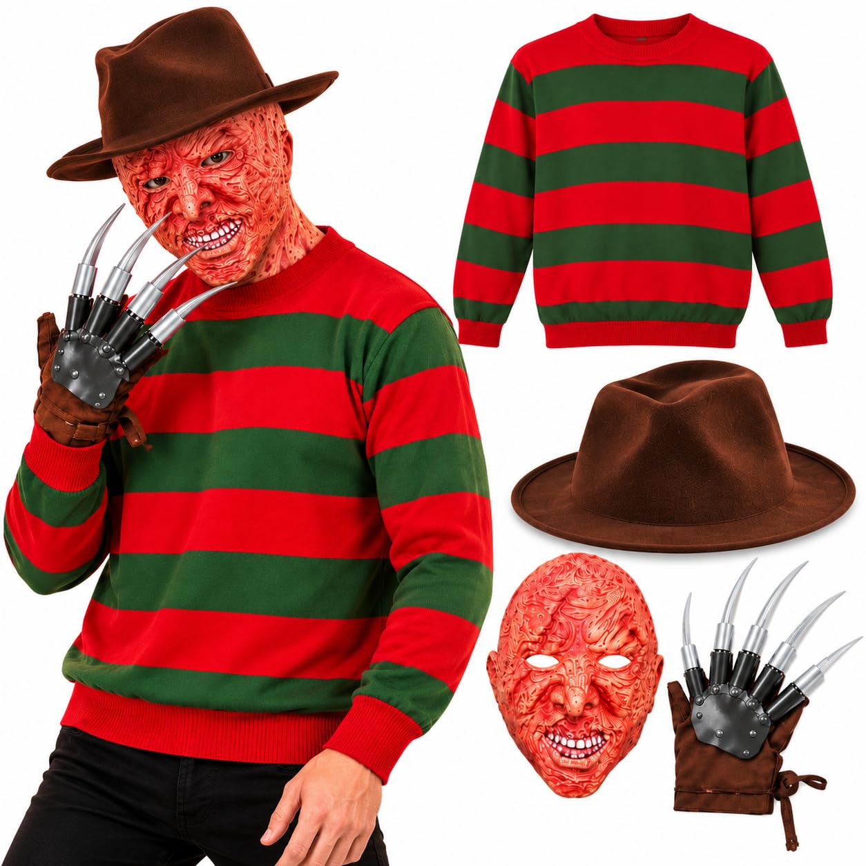 Active Star Adults 4Pcs Halloween Freddy Costume - Unisex Red Green Stripe Jumper, Burnt Face Mask, Claw Glove & Brown Explorer Hat Horror Fancy Dress Outfit Set For Halloween Parties, M