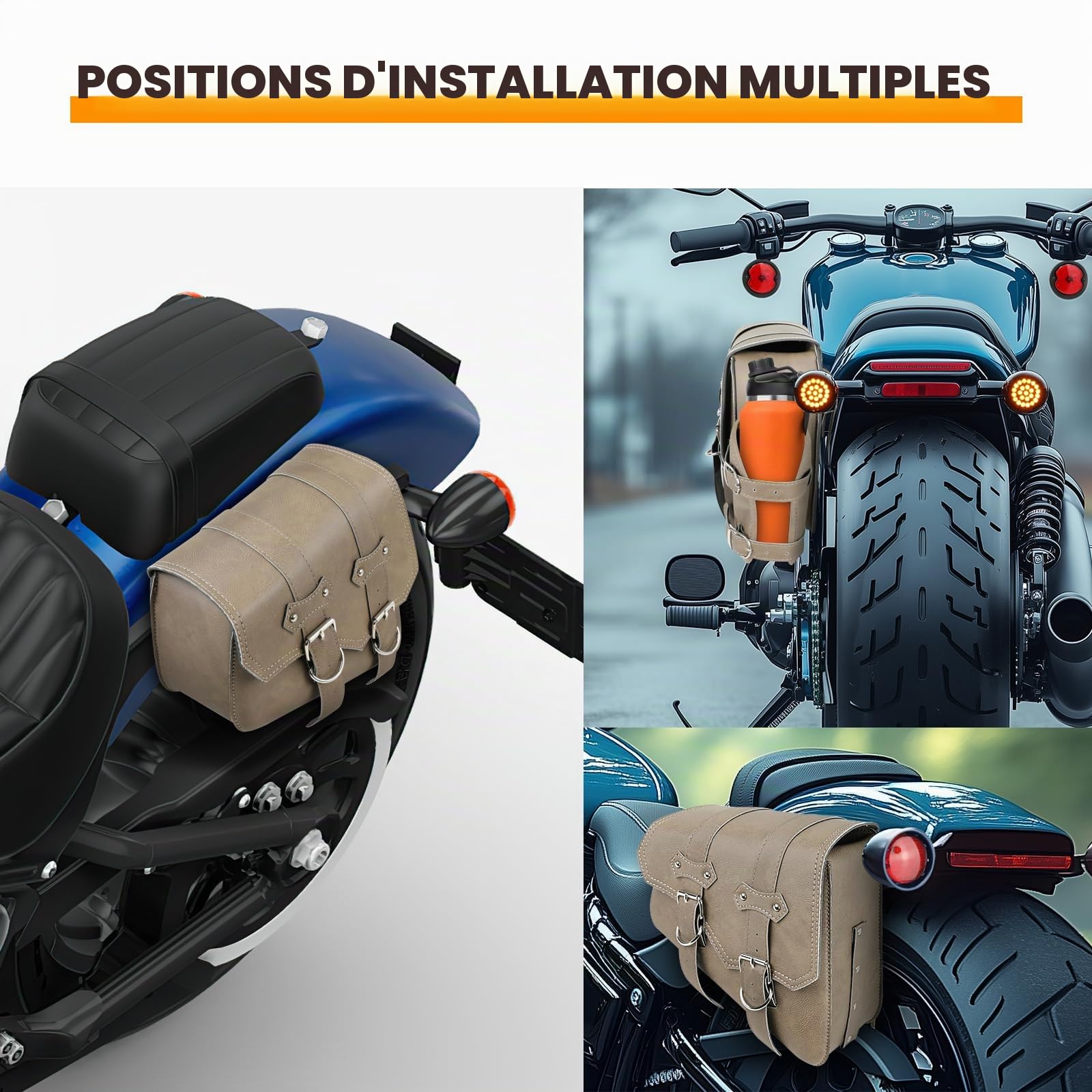 DREAMIZER Sacoche de Selle Moto Universel Cuir PU avec Poche pour Bouteille d'eau Accessoires de Moto Étanches Compatible avec Harley Honda Kawasaki Suzuki Yamaha