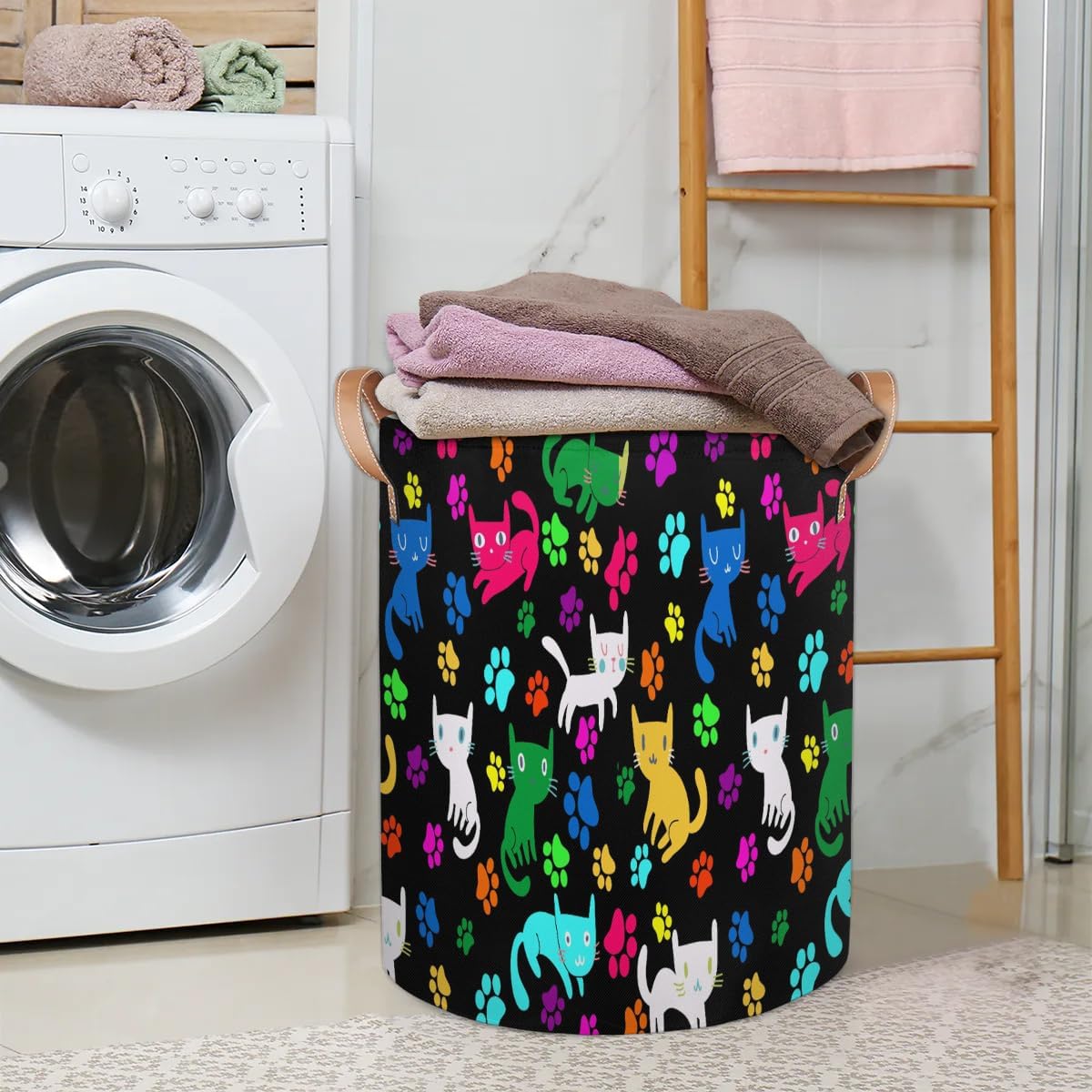 Colorful Anima Cat Paw Prints 68L Collapsible Laundry Hamper with Leather Handles, Capacity Large Laundry Basket, Storage Bin for Clothes, Toys, Toiletries (16" x 16" x 20.8") image 2