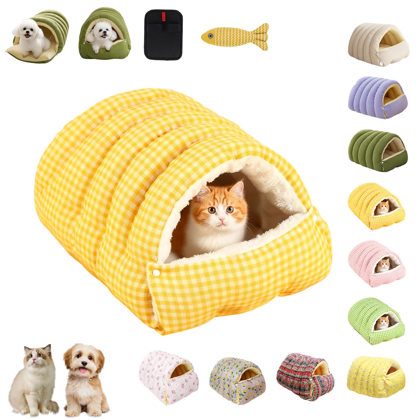 Cutypet Winter Cave, Cozy Monster Cat Bed with Removable & Washable Cushioned, Warm Cats House Tent Bed with Non-Slip Base in Indoor for Cats, Kittens And Small Dogs (Yellow Check,L)